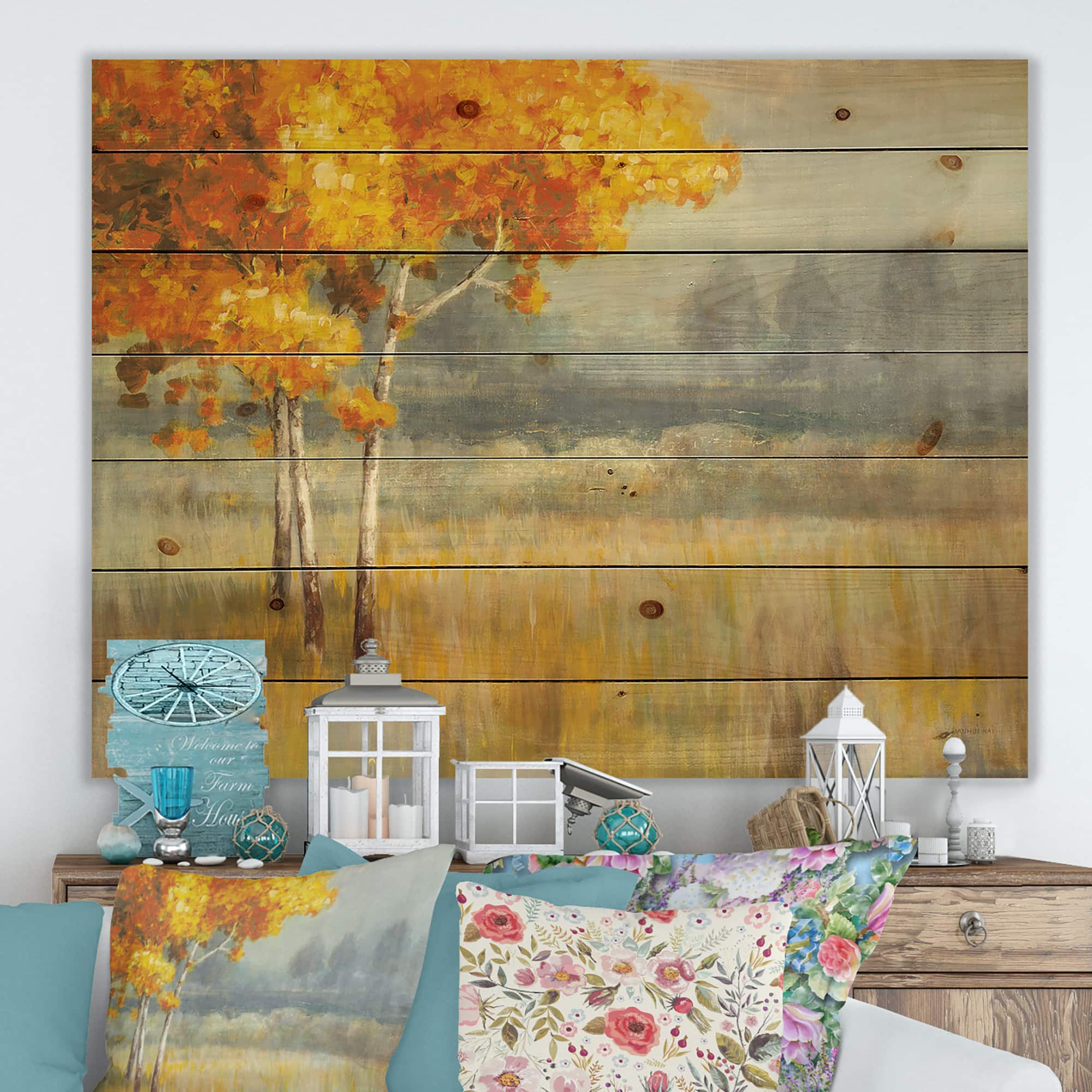 Designart - Autumn Landscape - Farmhouse Print on Natural Pine Wood