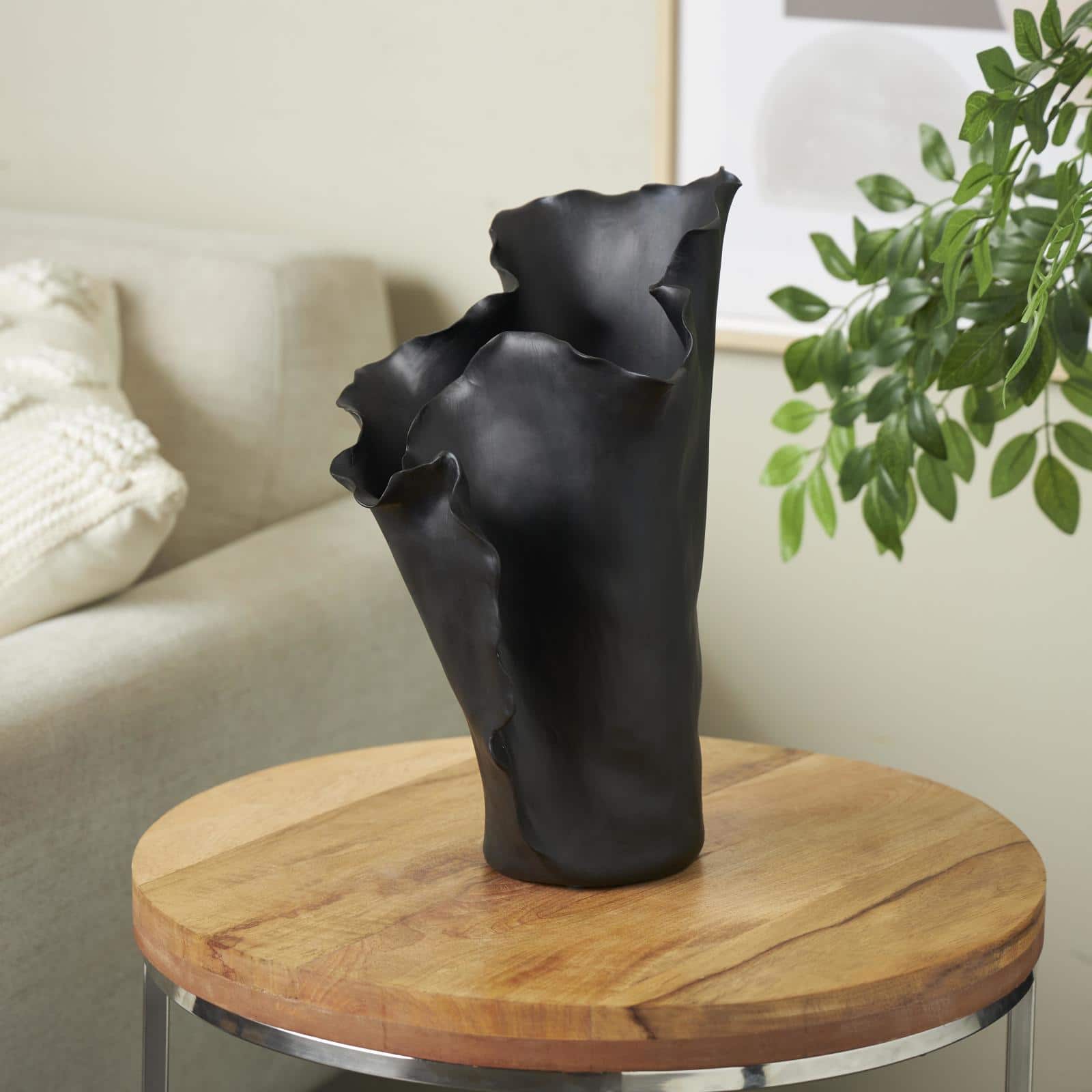 Black 16" Ceramic Floral Abstract Vase