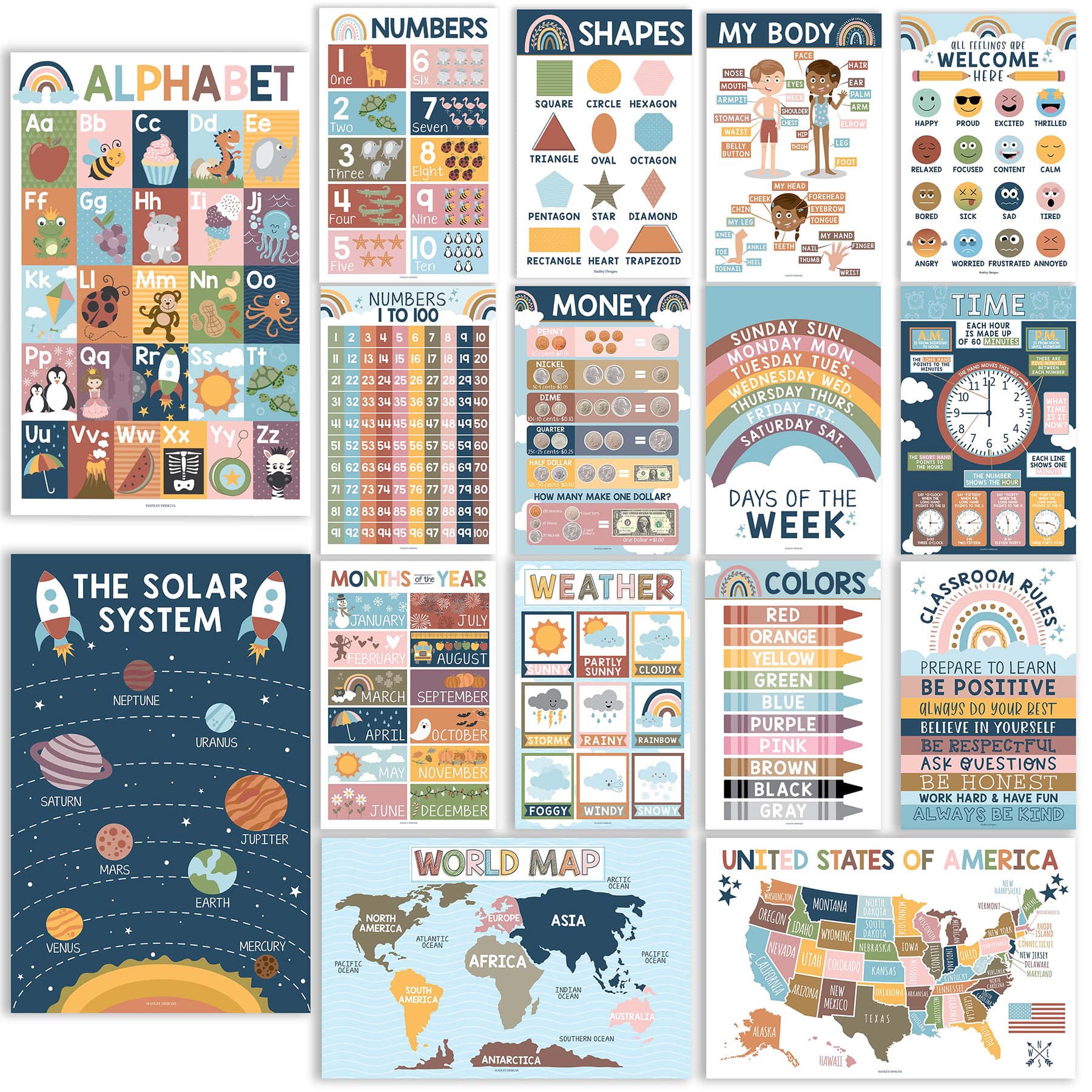 Hadley Designs 11" x 17" Boho Preschool Educational Laminated Posters for Toddlers Set