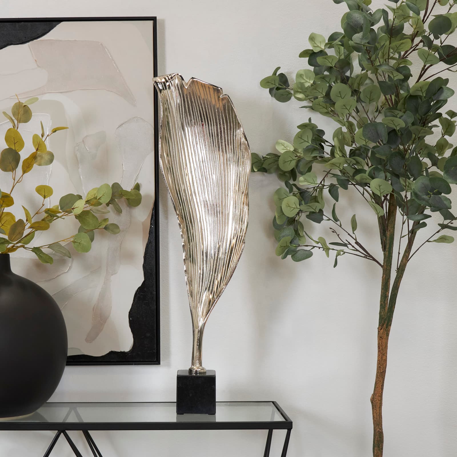35.5" Embossed Silver Aluminum Leaf Tabletop Décor