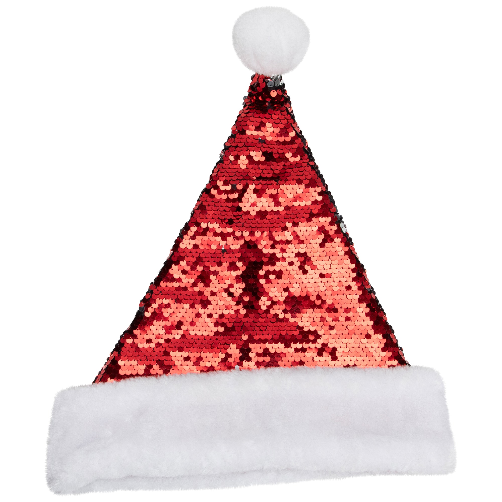 15" Red & Silver Reversible Sequined with Faux Fur Cuff Santa Hat