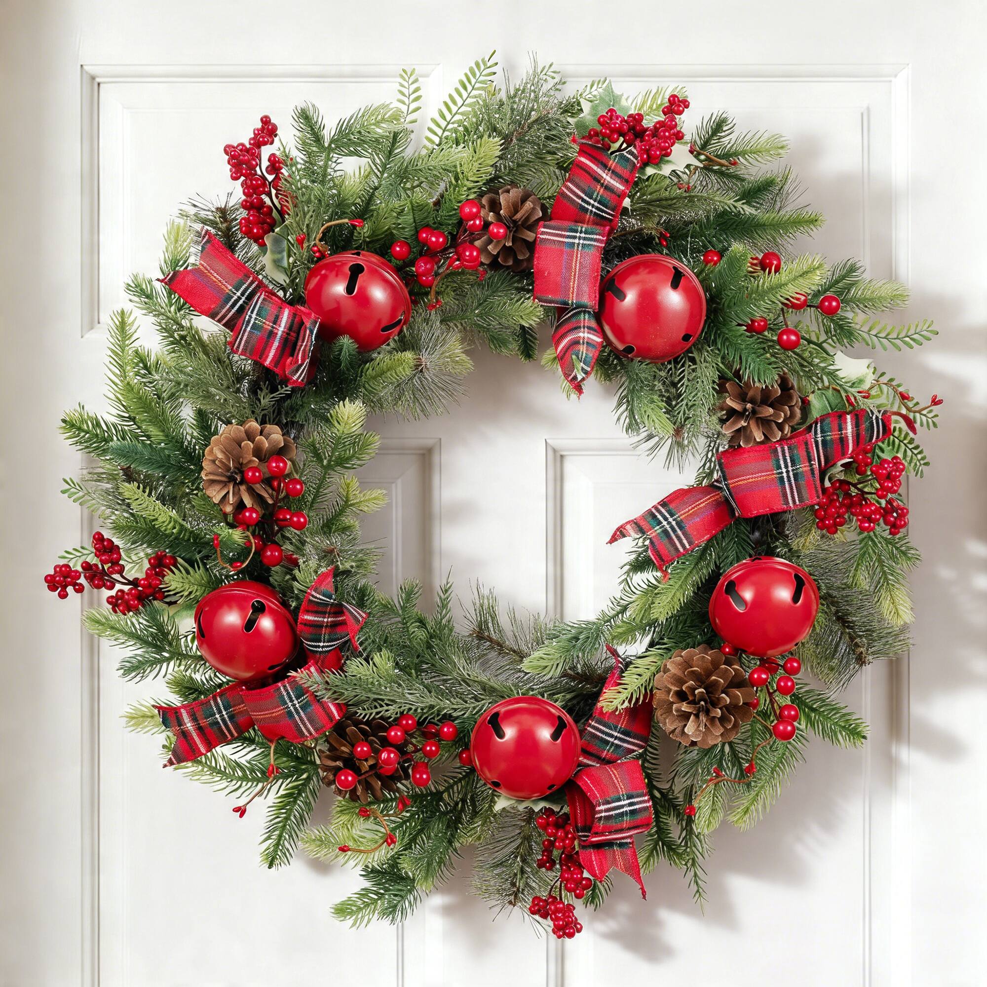 Glitzhome® 26" Christmas Bell Pinecone & Berry Bow Wreath