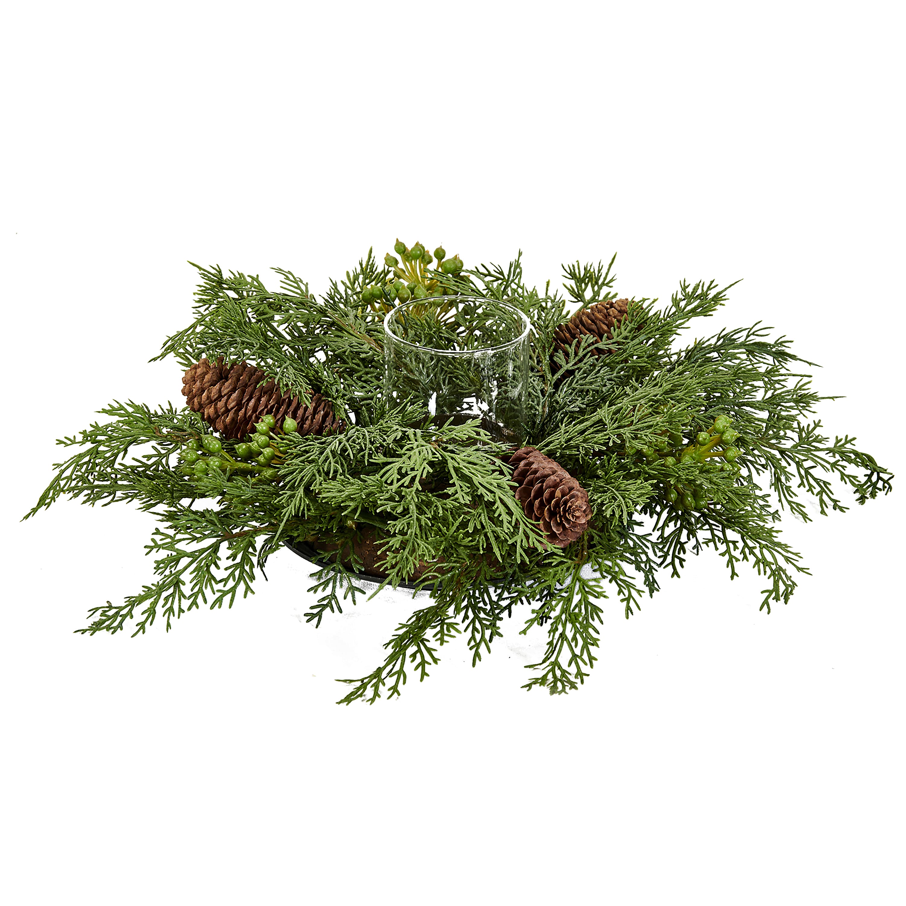 15" Christmas Cypress Centerpiece with Pinecones & Votive Holder