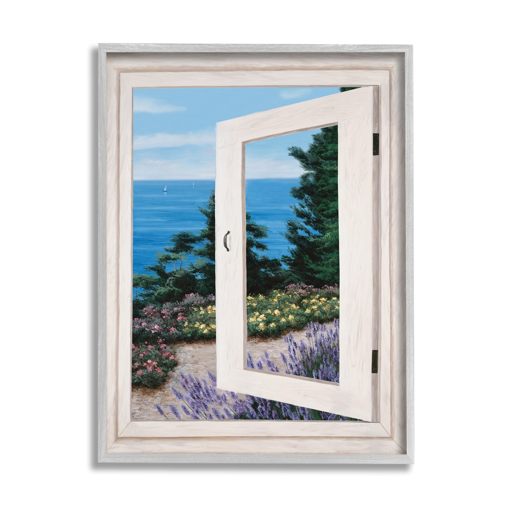 Stupell Industries Coastal View From Window Distant Boats on Ocean in Gray Frame Wall Art