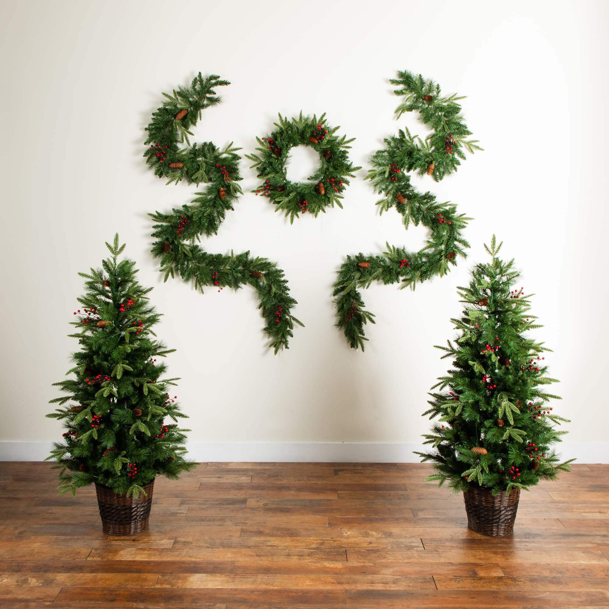 5 Piece Pre-Lit Norfolk Pine Artificial Tree, Garland and Wreath Set with Warm White LED Lights and Decorative Pots