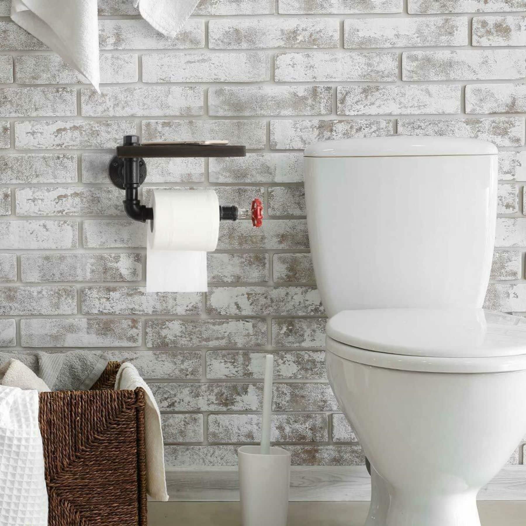 Black Industrial Metal Wall Mounted Toilet Paper Holder with Wood Shelf