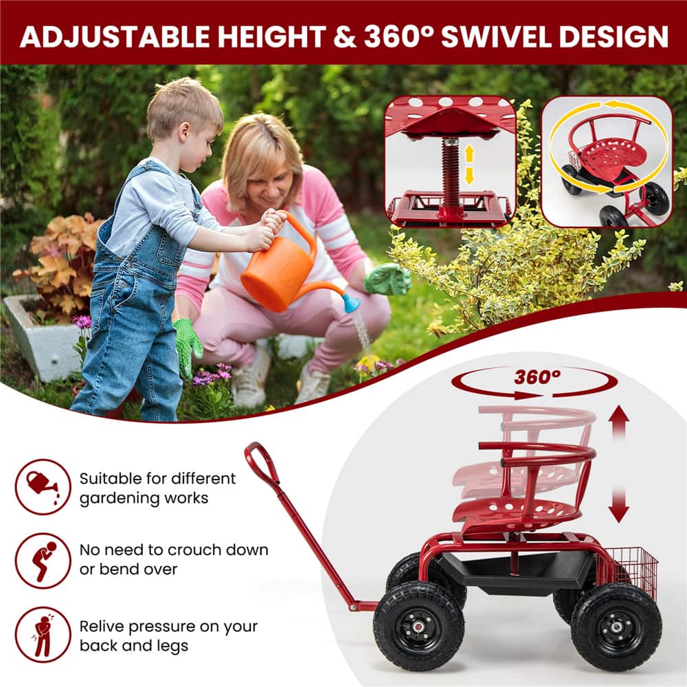 Costway Height-Adjustable Rolling Garden Cart Scooter with Swivel Seat