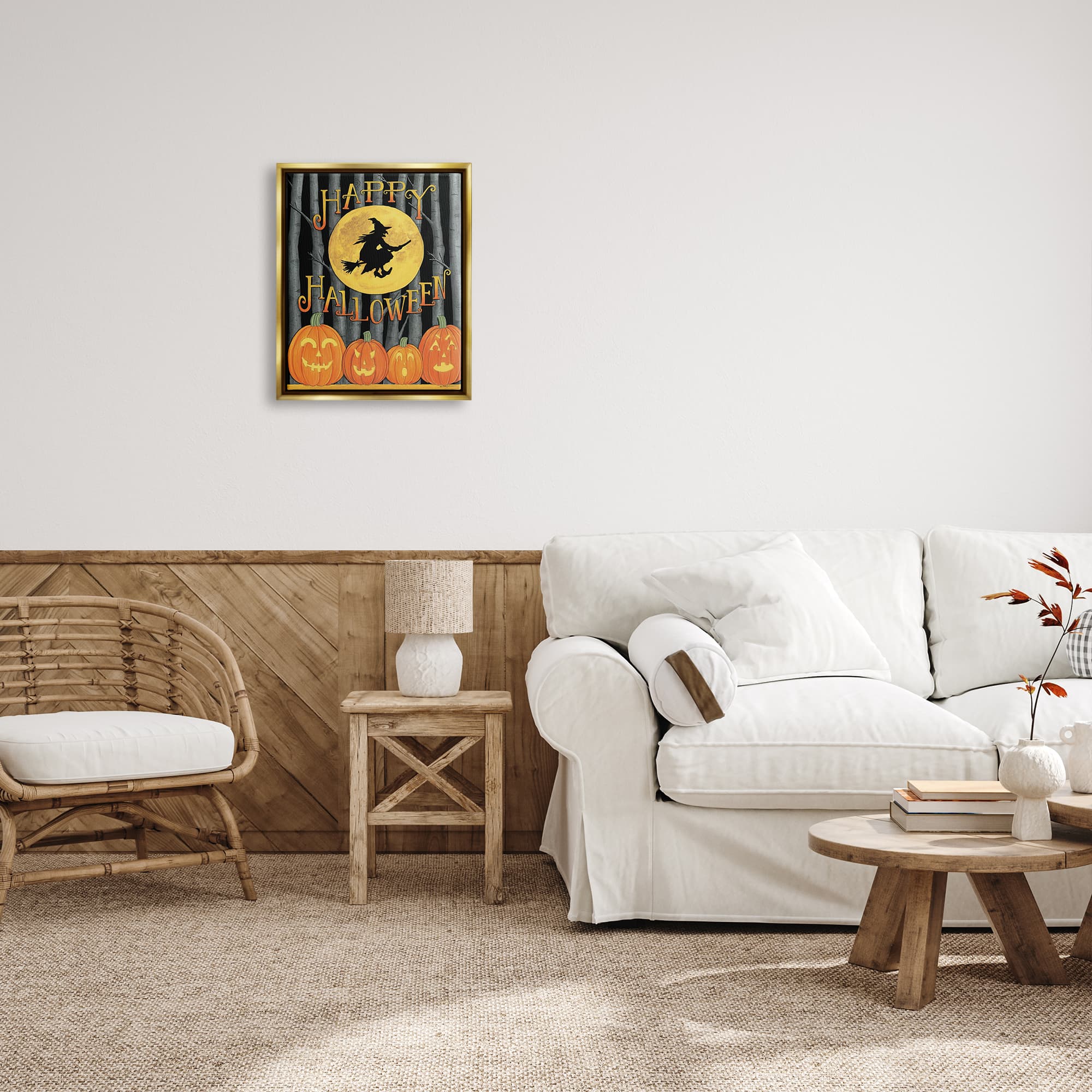 Stupell Industries Happy Halloween Forest Witch Framed Floater Canvas Wall Art