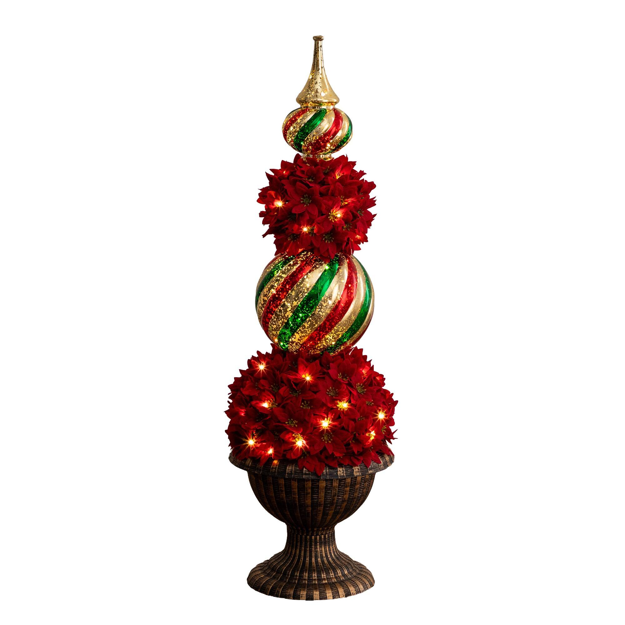 Nearly Natural 3ft. Pre-Lit Poinsettia Topiary with Finial Ornament Artificial Christmas Tree in Decorative Urn