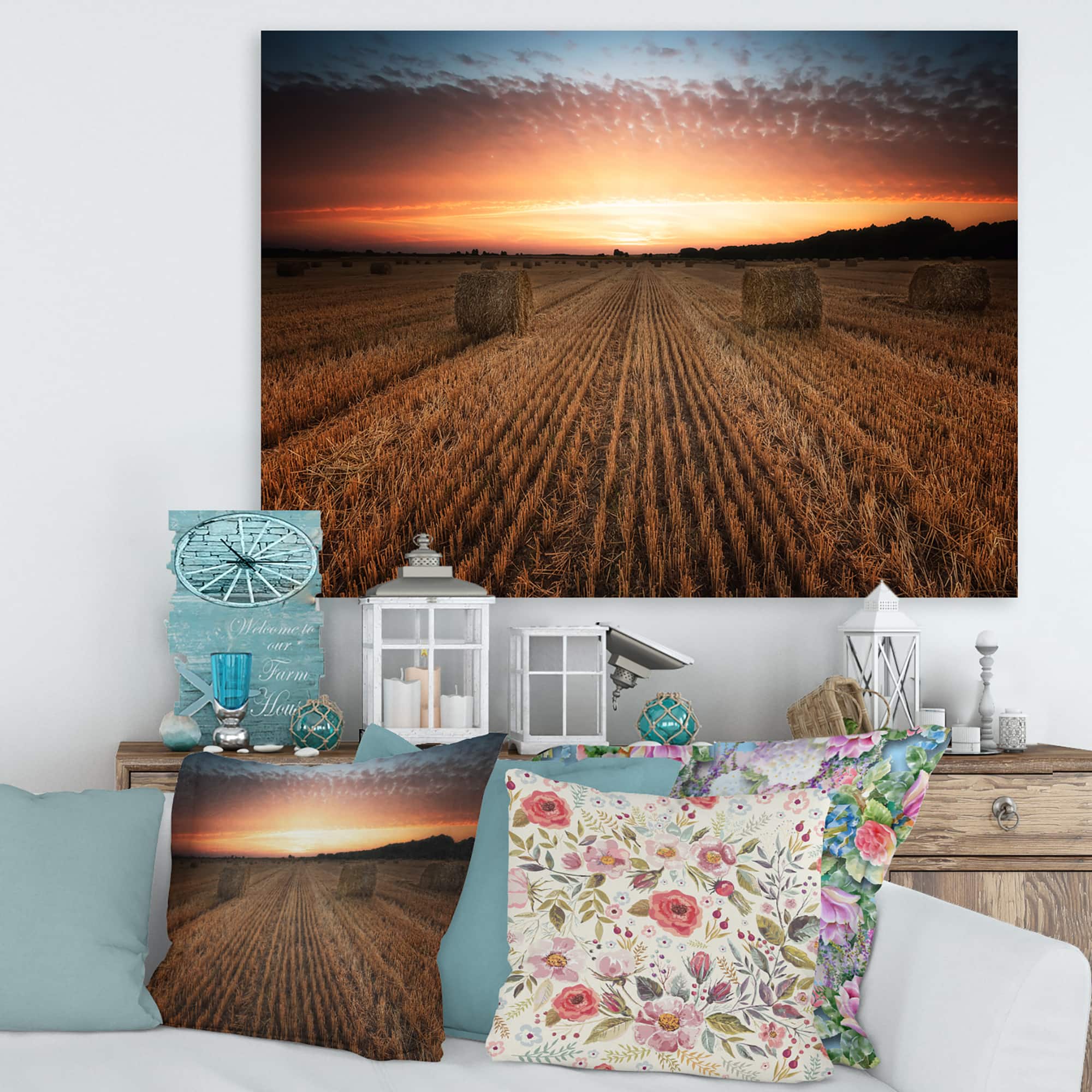 Designart - Landscape With A Field Full of Hay Bales At Sunset - Farmhouse Canvas Wall Art Print