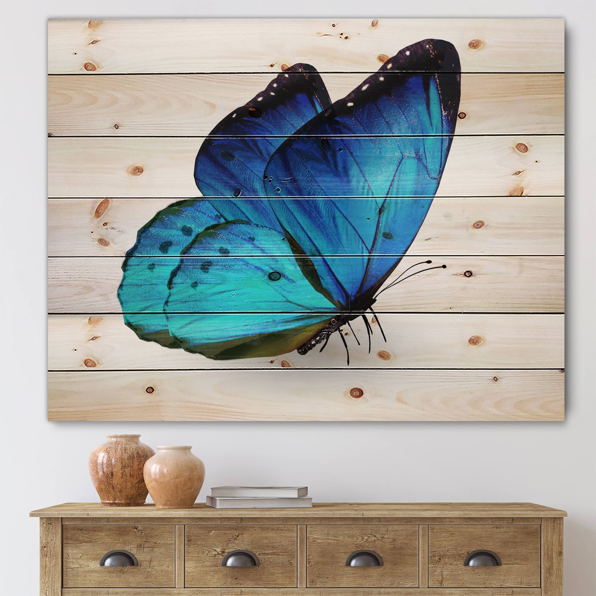 Designart - Vibrant Blue Butterfly - Modern Print on Natural Pine Wood