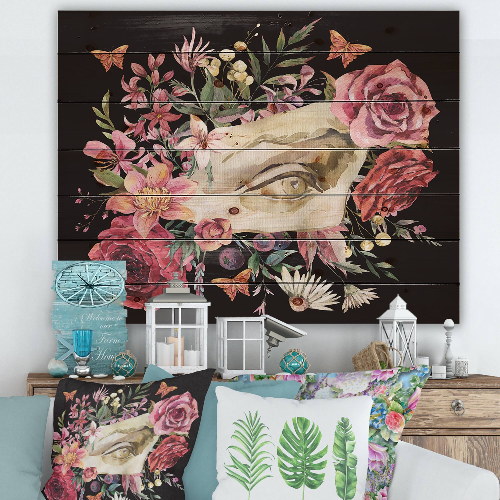 Designart - Greek Sculpture David Eye With Dried Wildflowers - Farmhouse Print on Natural Pine Wood
