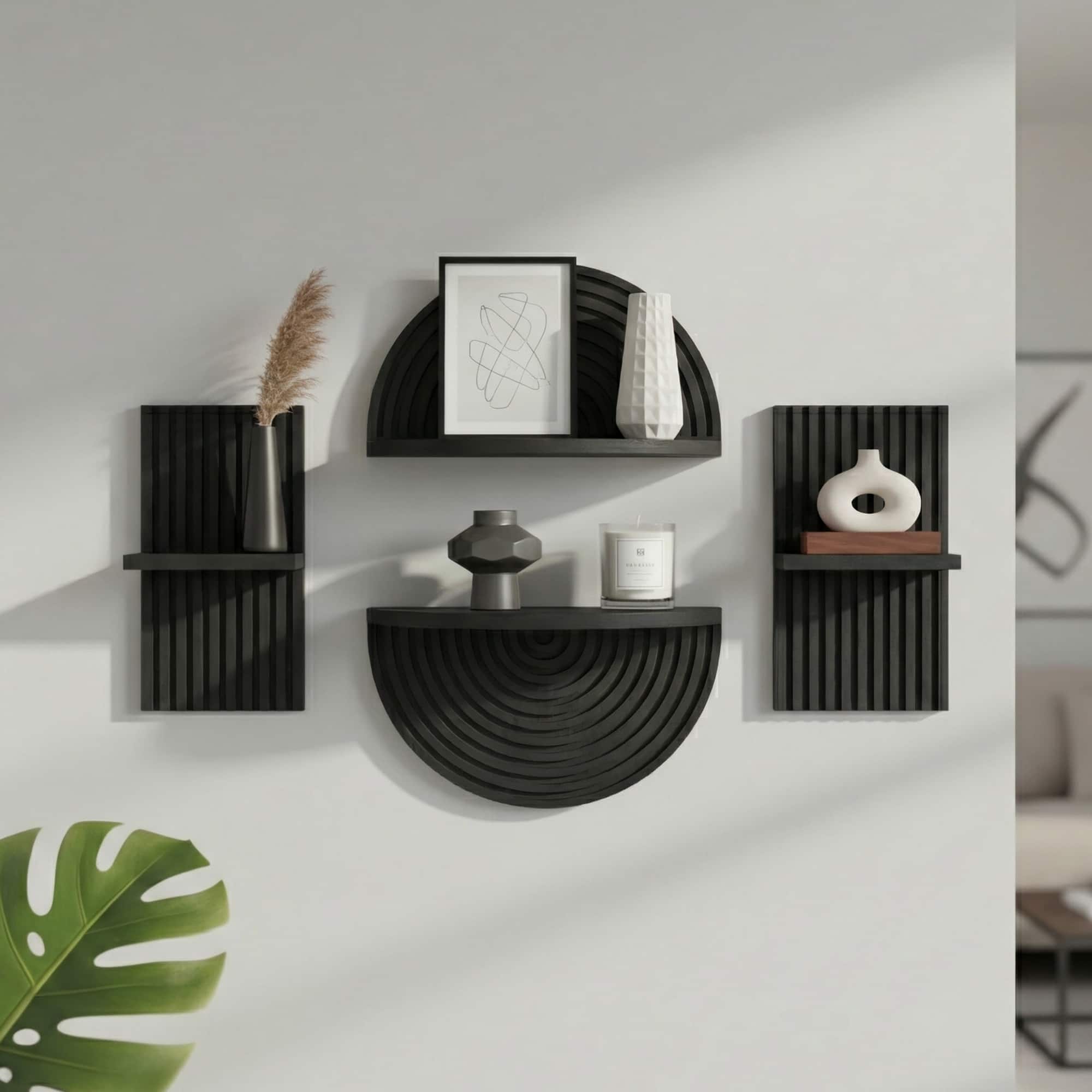 American Art Decor Black Boho Modular Wooden Wall Shelf Set