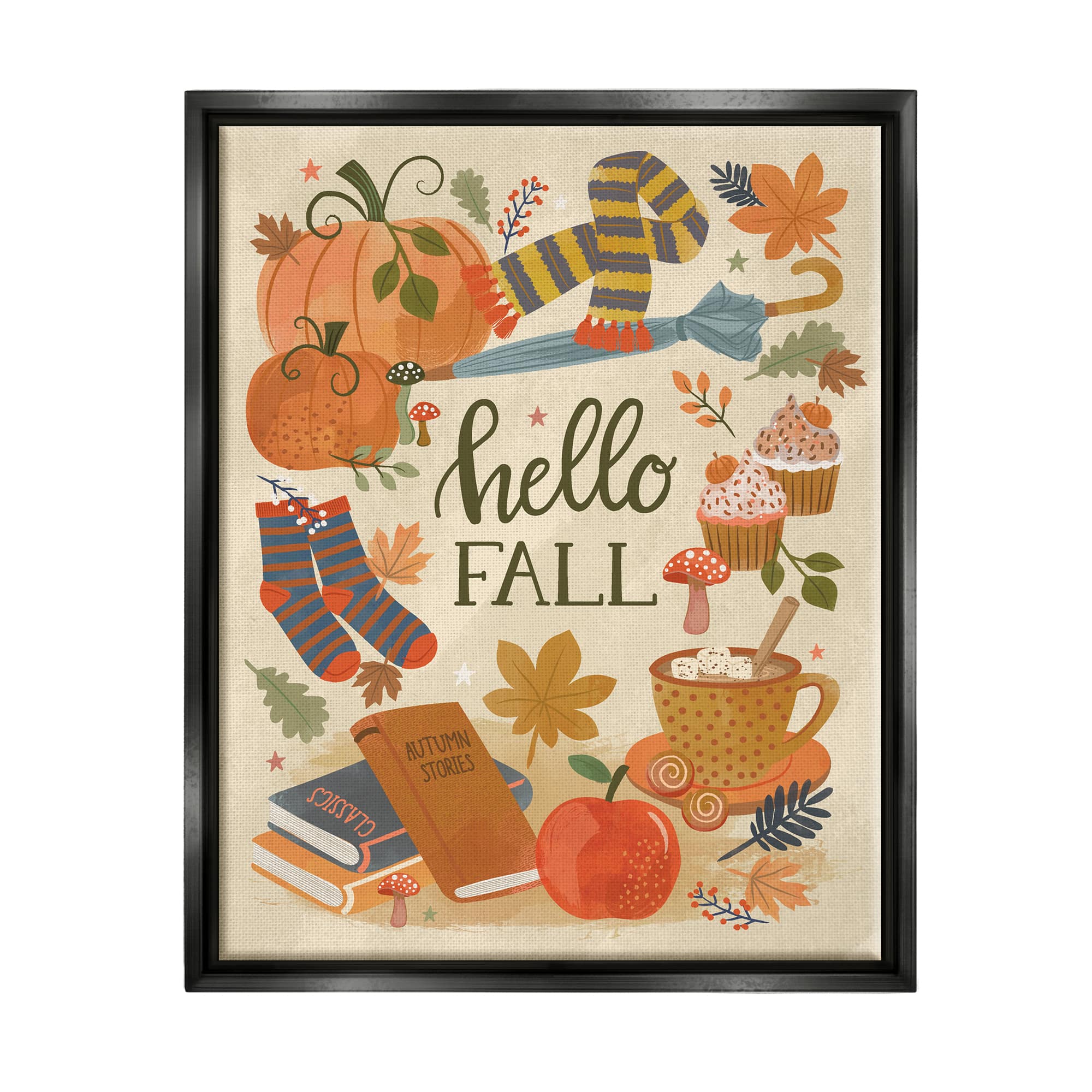 Stupell Industries Hello Fall Cozy Autumn Items Framed Floater Canvas Wall Art