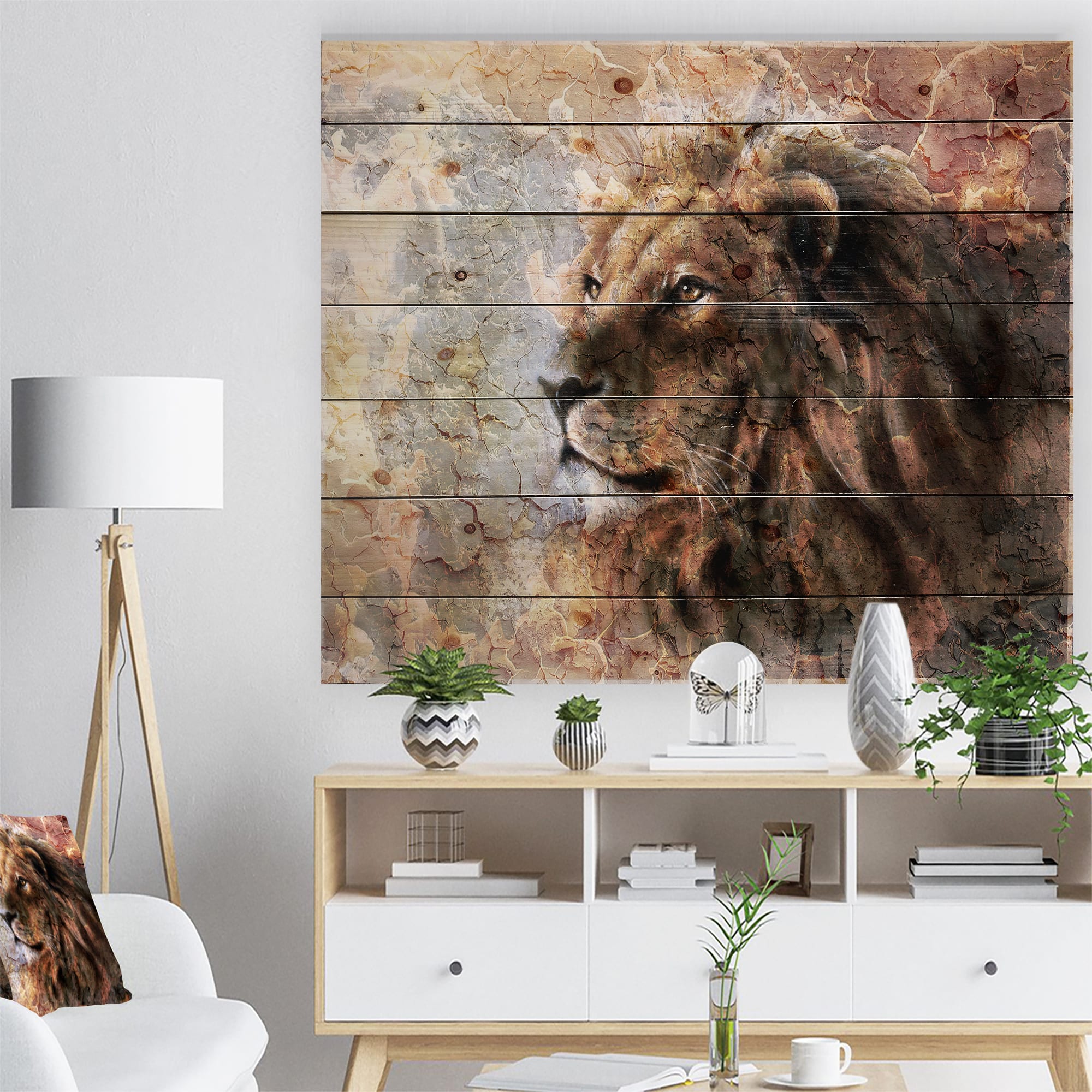 Designart - Peaceful Lion - Animal Art Print on Natural Pine Wood