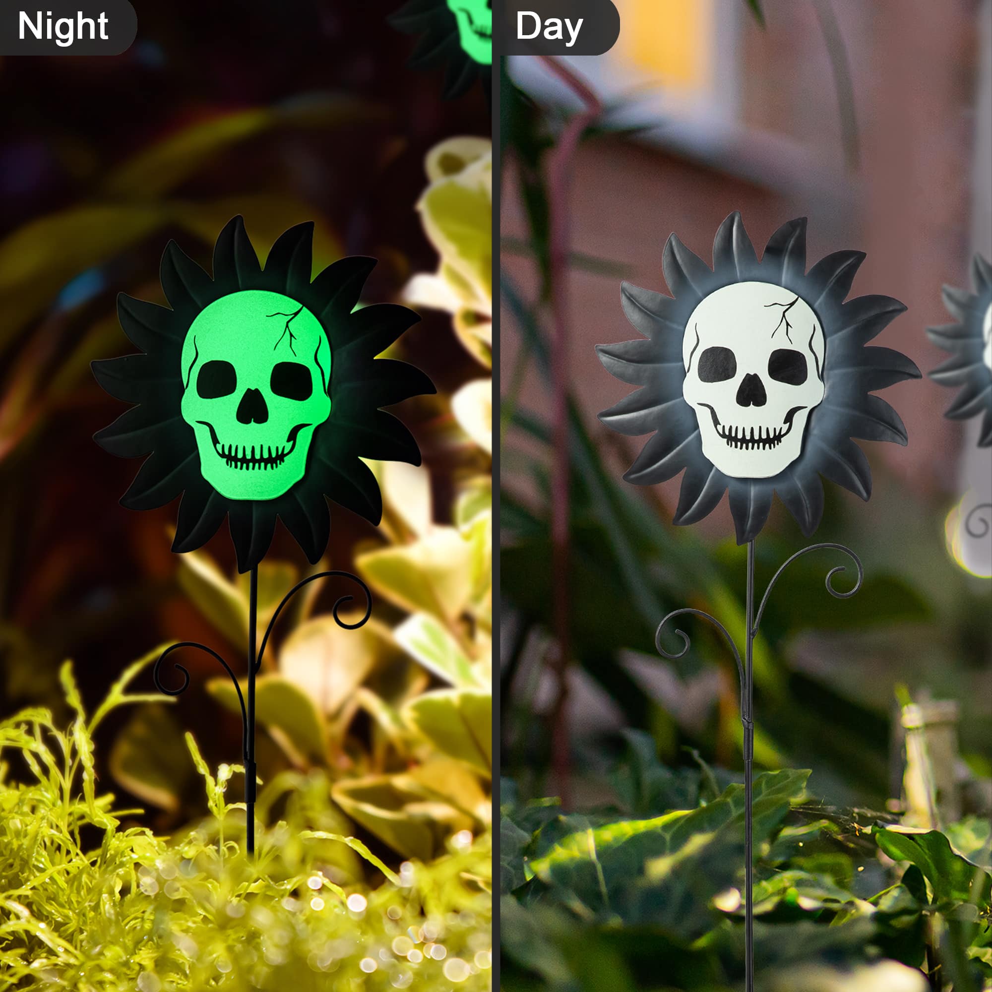 Glitzhome® 24" Halloween Metal Sunflower Skulls Glow-in-Dark Yard Stakes, 3ct.