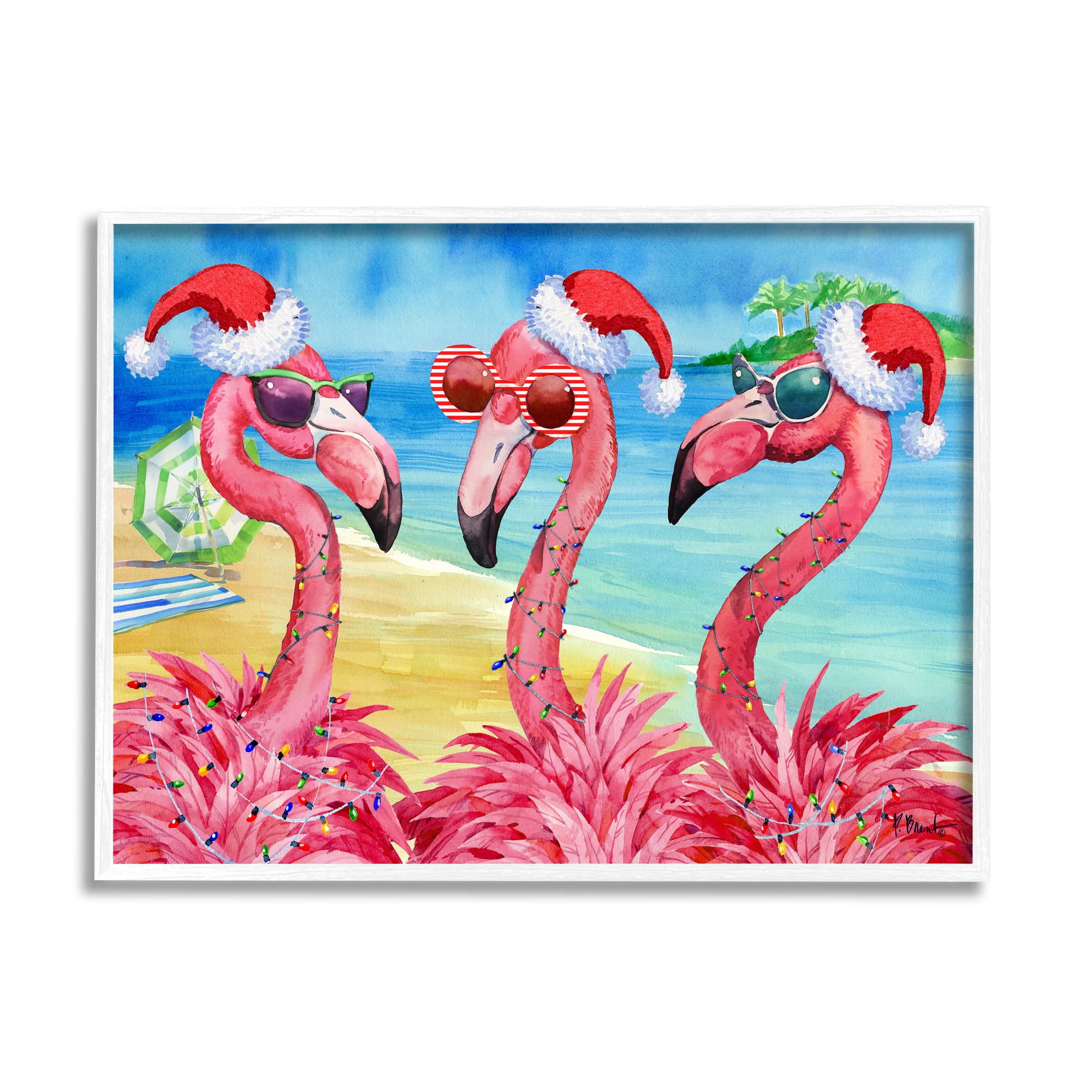 Stupell Industries Holiday Lights Flamingos Beach Framed Giclee Art