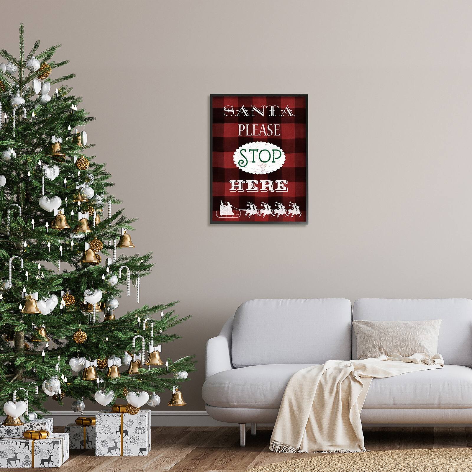 Stupell Industries Santa Stop Here Plaid Framed Giclee Art