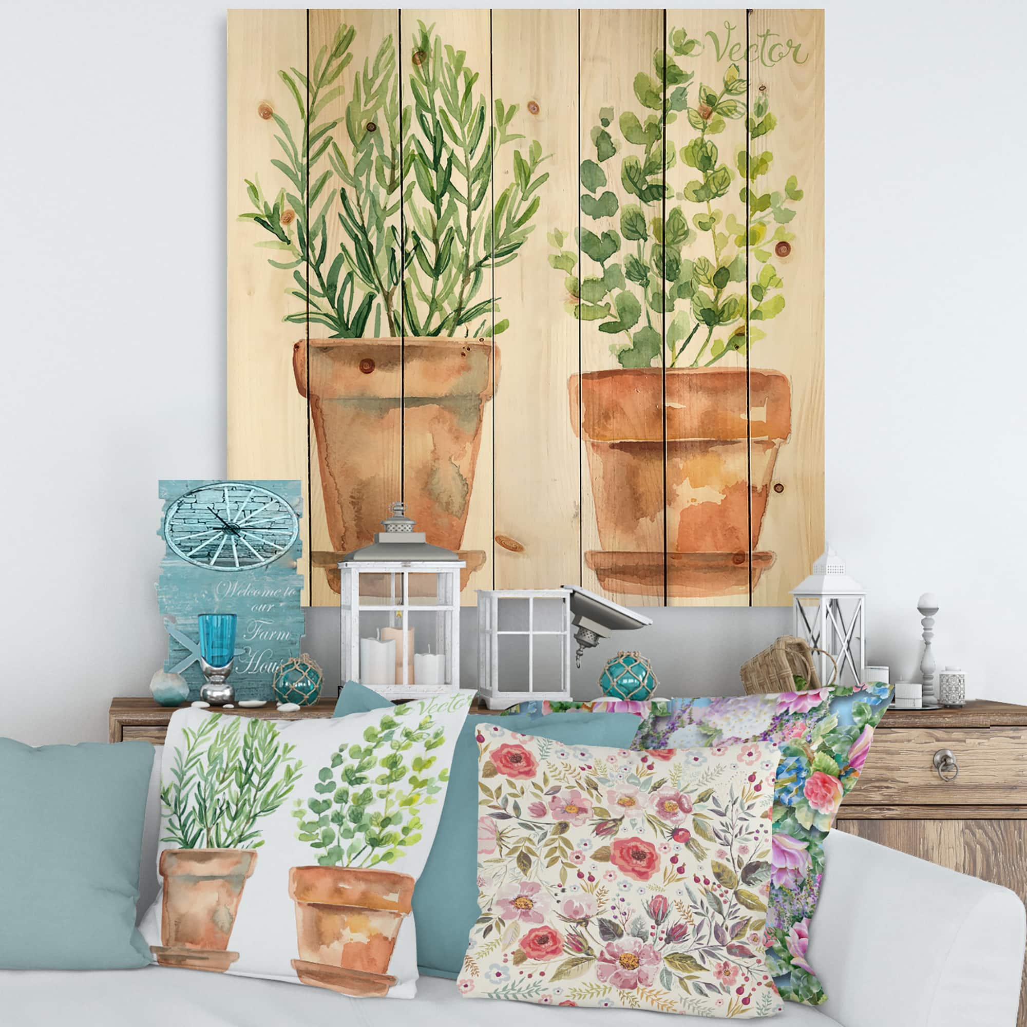 Designart - Two Green House Plants In Orange Flower Pots