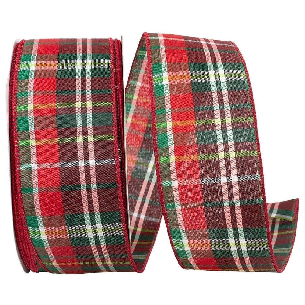 JAM Paper 2.5" x 50yd. Red & Green Grand Christmas Plaid Traditional Value Wired Edge Ribbon