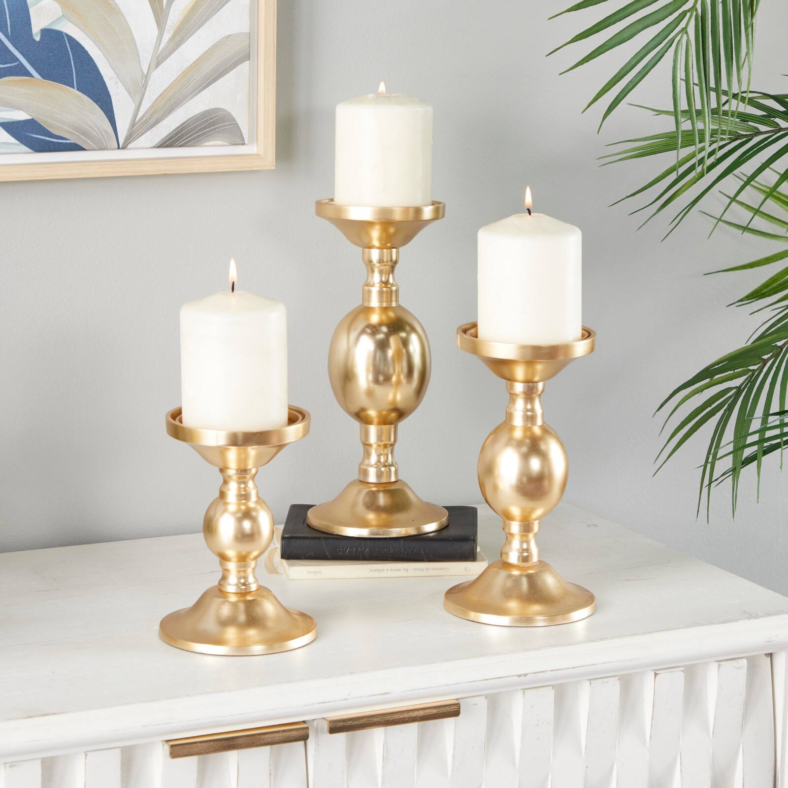 Set of 3 Gold Aluminum Transitional Candle Holders, 10" x 4" x 4"