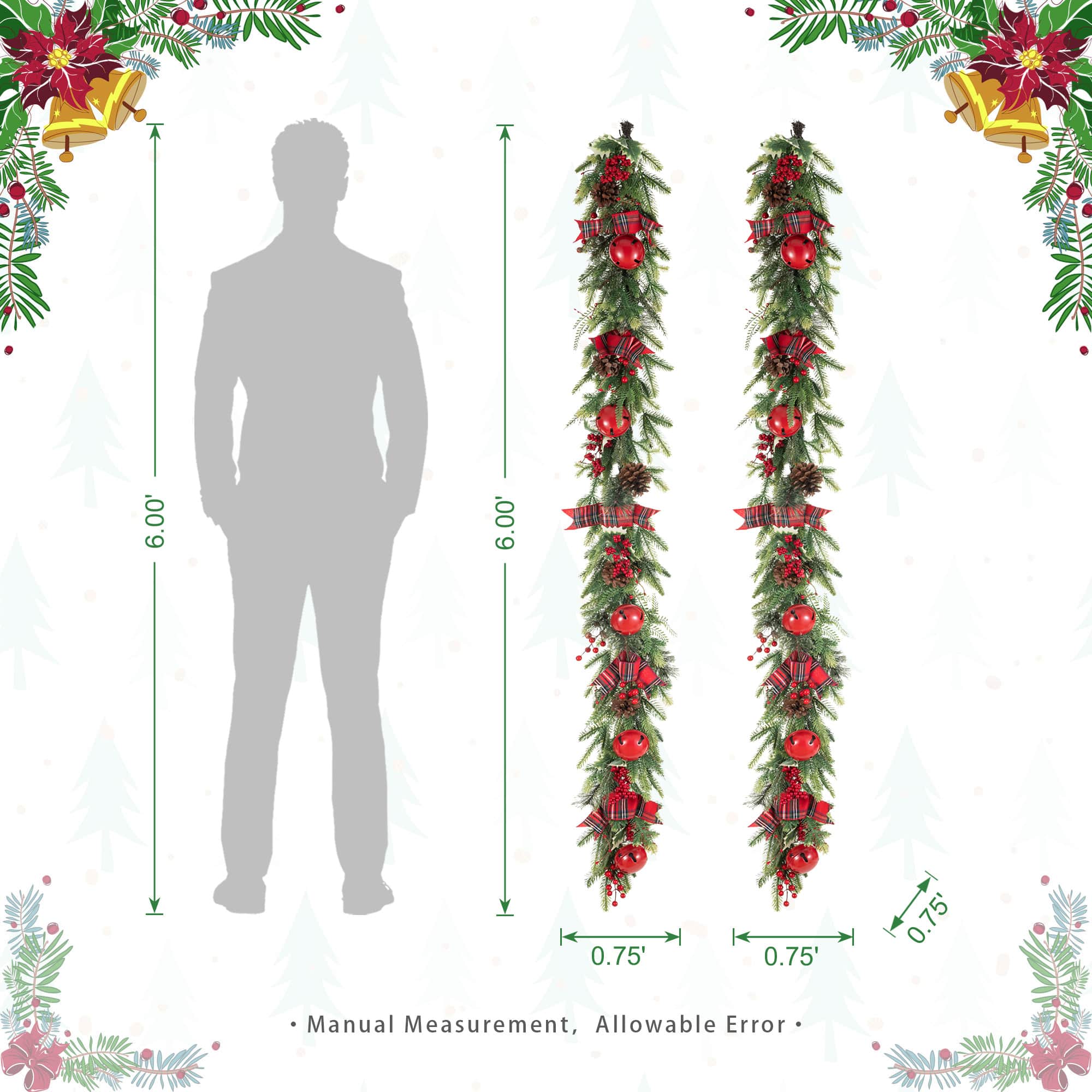 Glitzhome® 6ft. Christmas Bell Pinecone & Berry Bow Garland, Set of 2