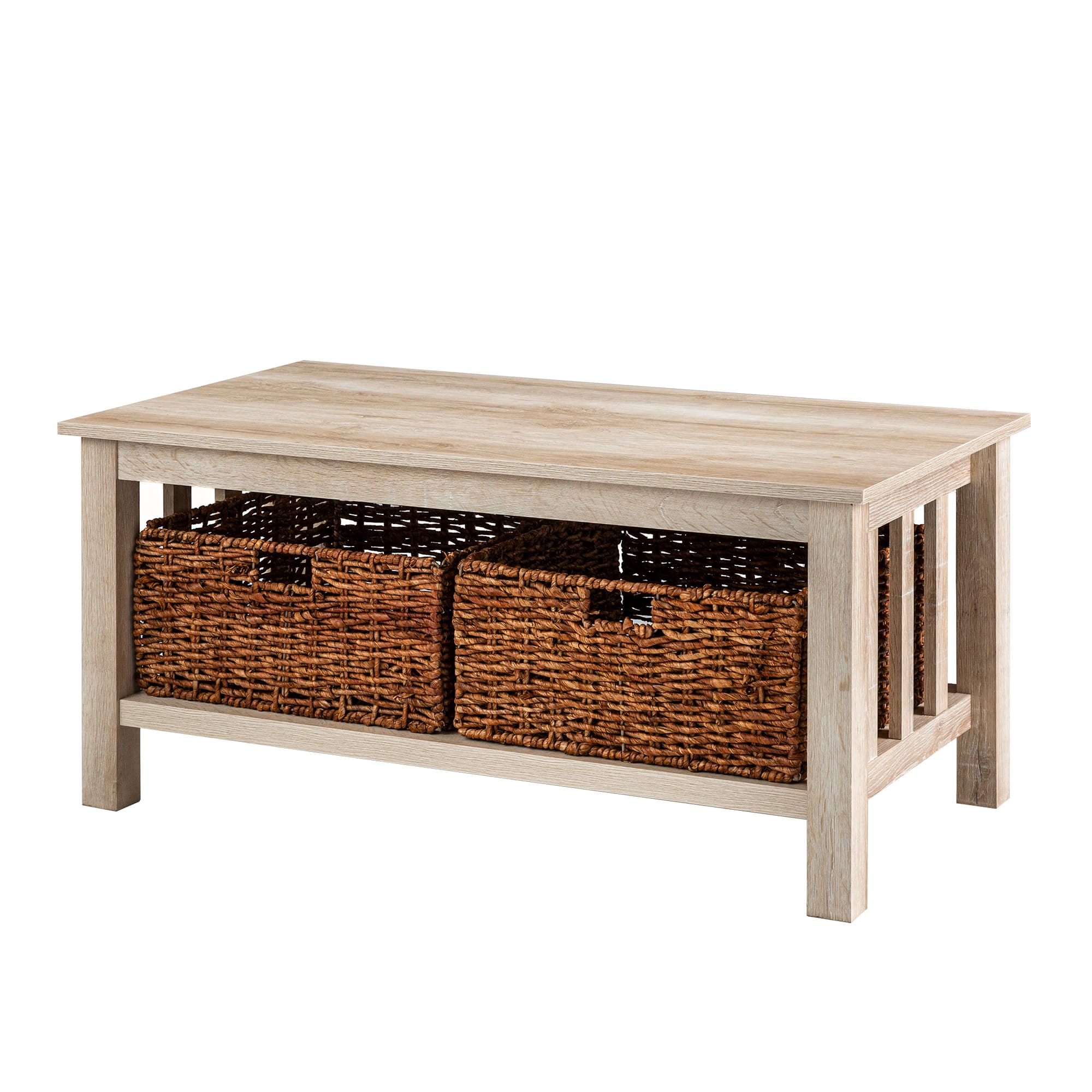Walker Edison 40" White Oak Mission Storage Coffee Table with Baskets