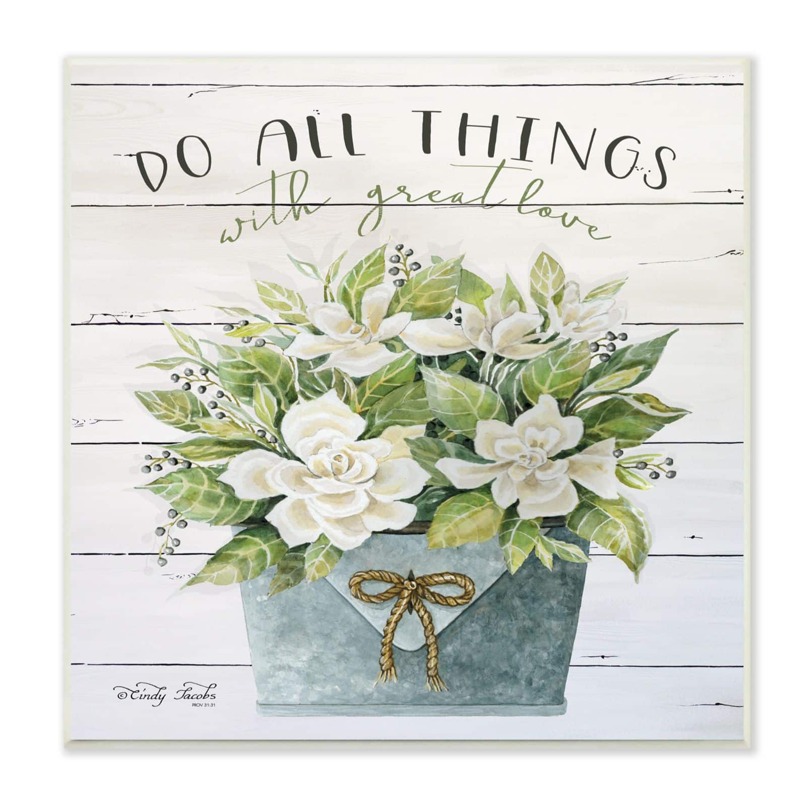 Stupell Industries Do All Things With Great Love Floral Magnolia Pail Planked Look Wood Wall Plaque