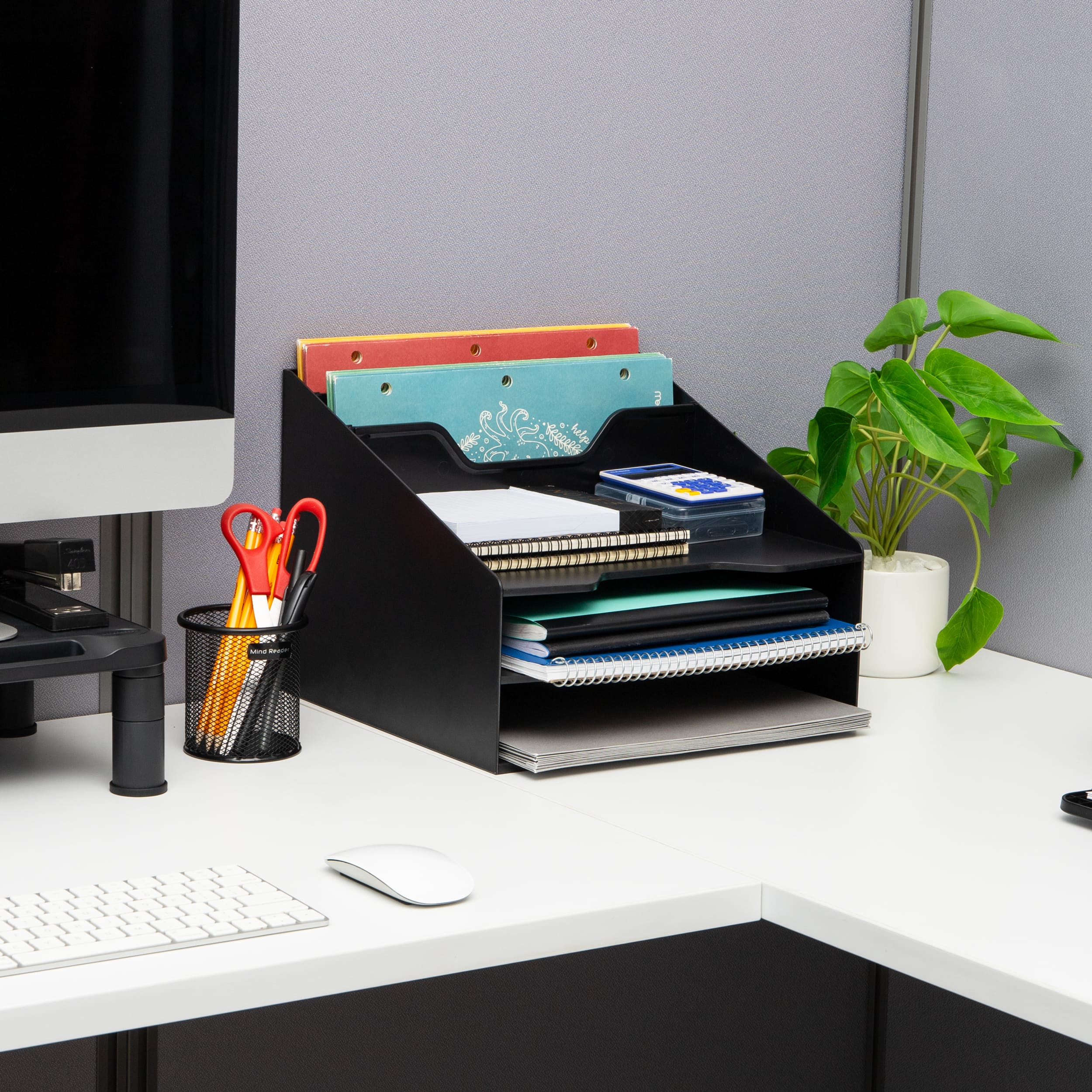 Mind Reader Desktop Organizer, Vertical File Holder, Paper Trays, Office, Plastic, Black