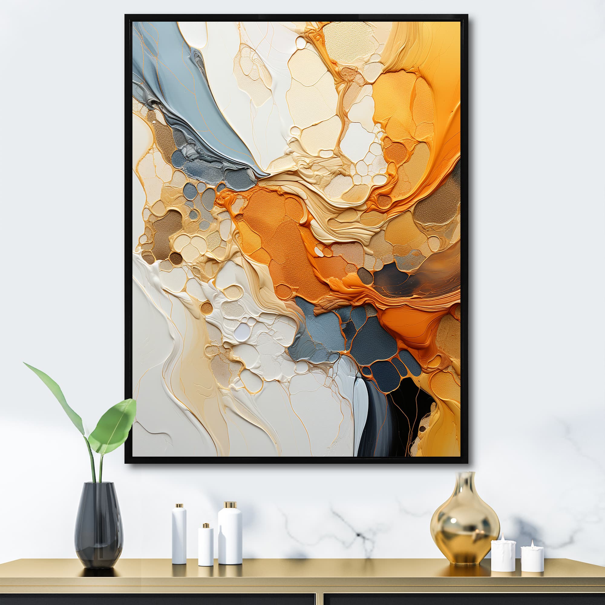 Designart "Orange Blue Line Art Abstract Expressionism" Line Art Framed Wall Decor