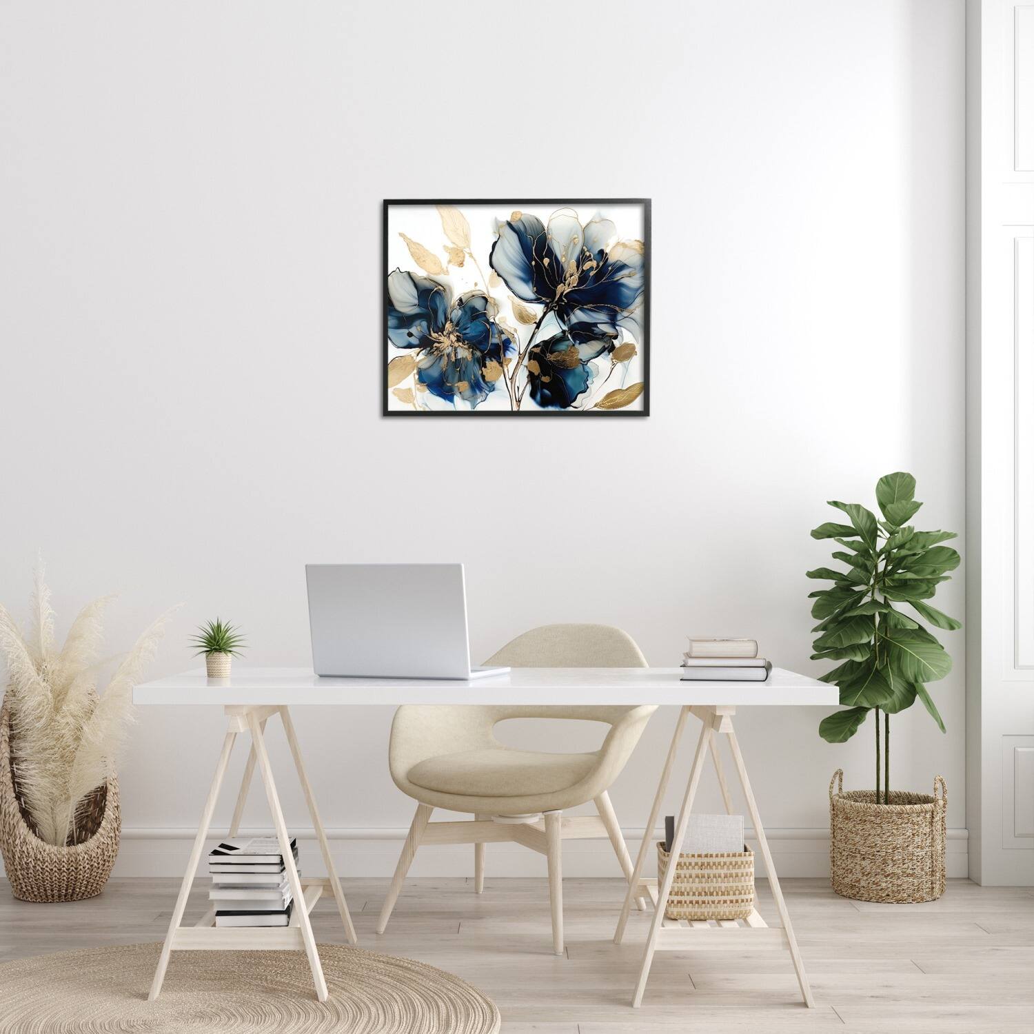 Stupell Industries Blue Swirling Modern Flowers Framed Giclee Art