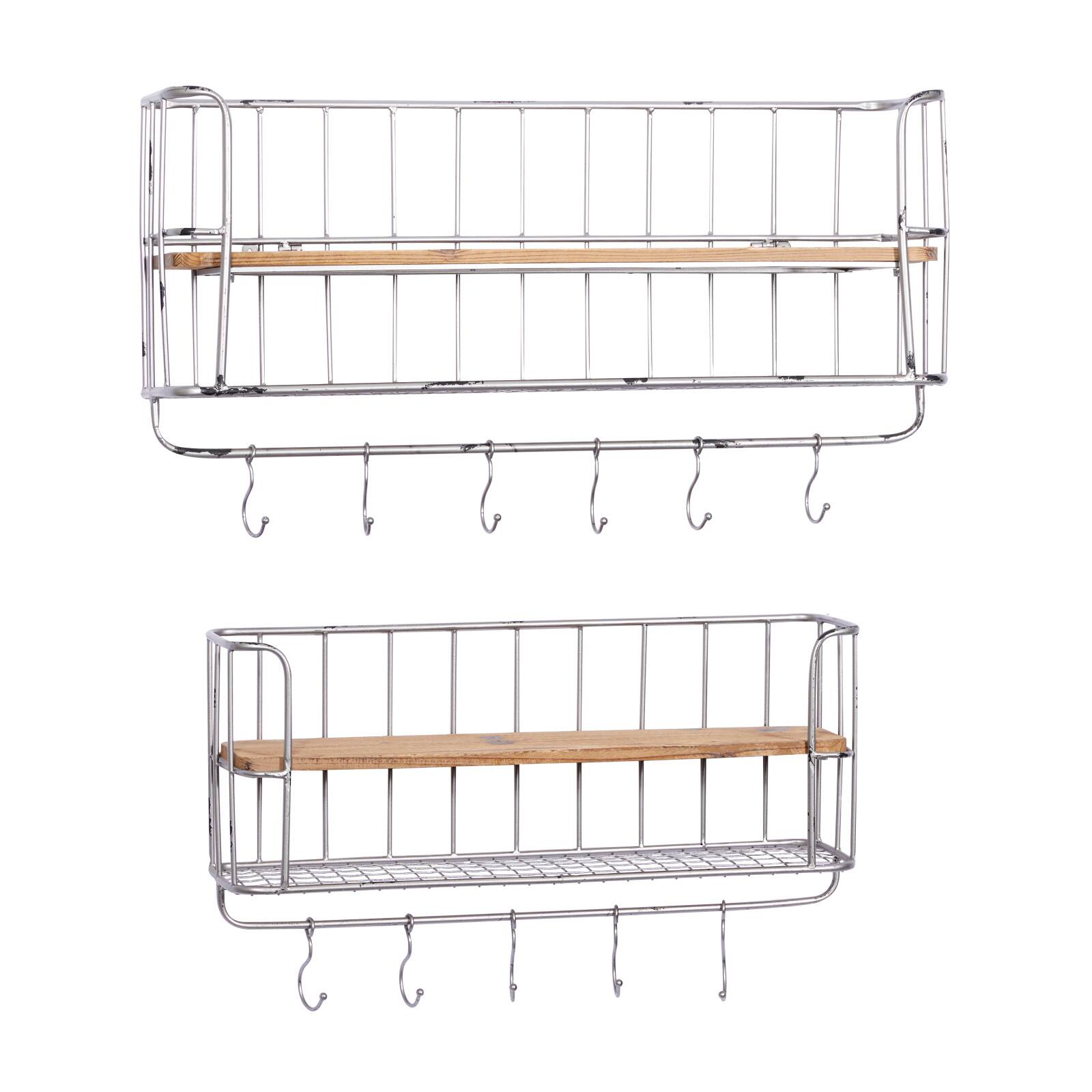Set of 2 Silver Metal Basket & Wooden Wall Shelf Units With Hooks
