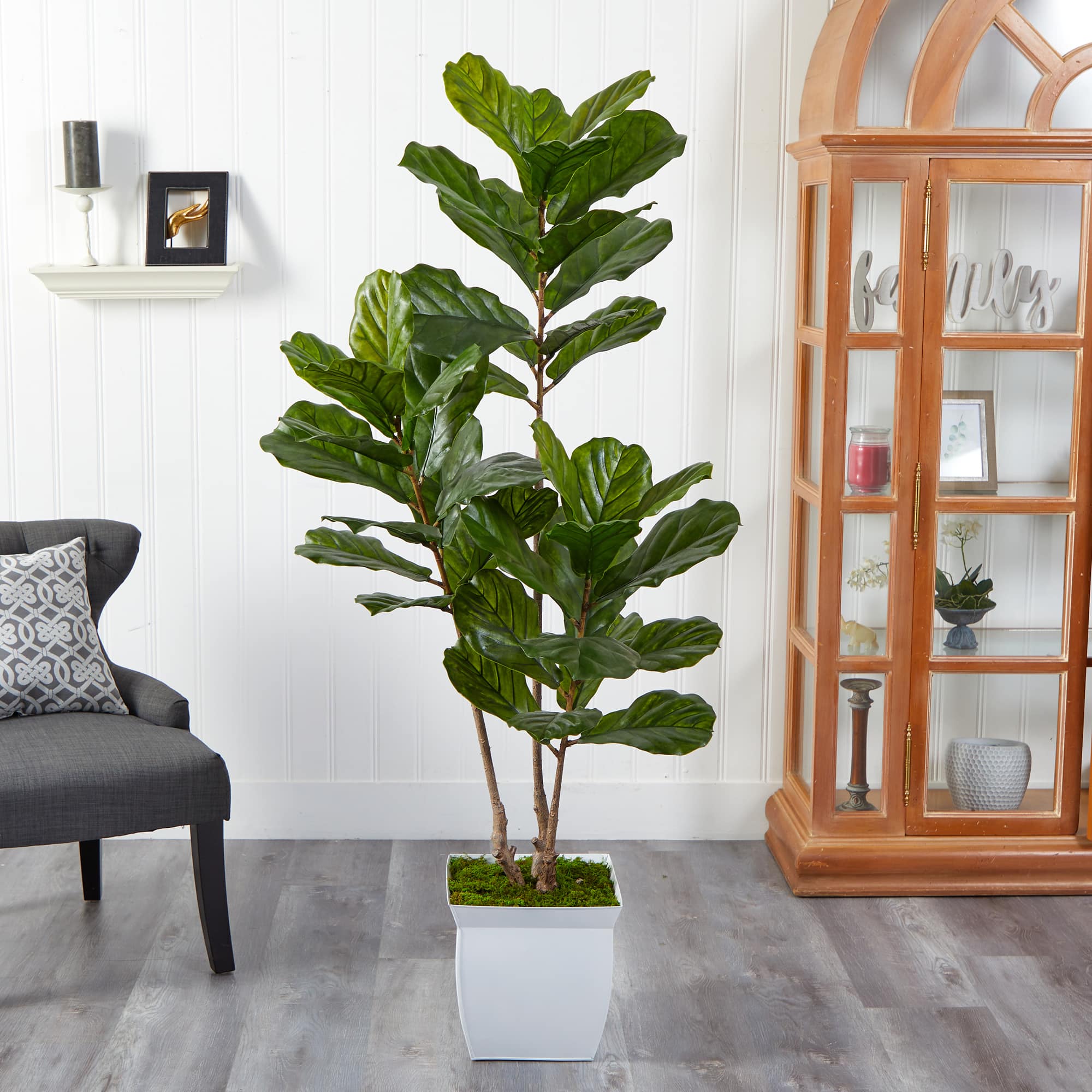 5.5ft. UV Resistant Fiddle Leaf Tree in White Metal Planter