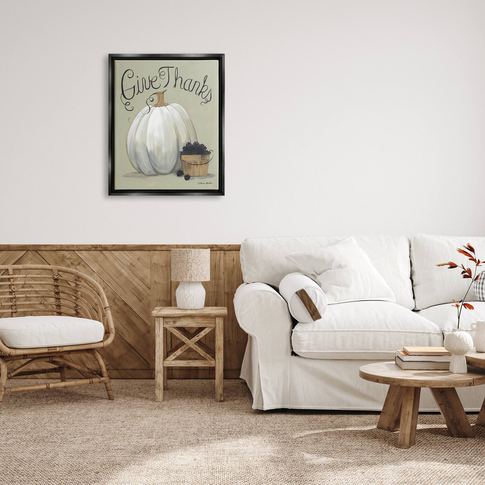 Stupell Industries Give Thanks Fall Pumpkin Harvest Framed Floater Canvas Wall Art