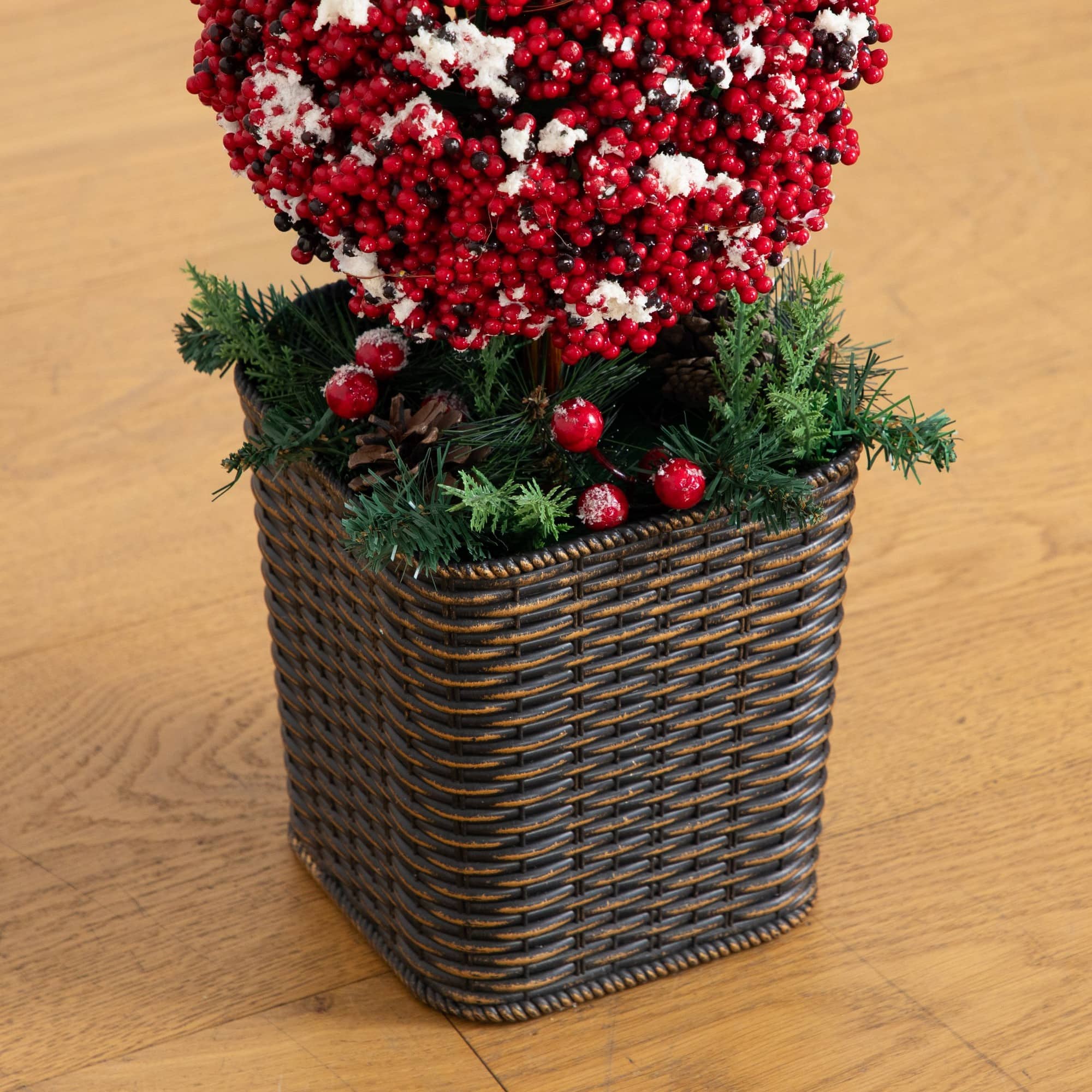 Nearly Natural 31" Artificial Christmas Snowed Holly Berry Triple Ball Topiary Tree in Decorative Planter