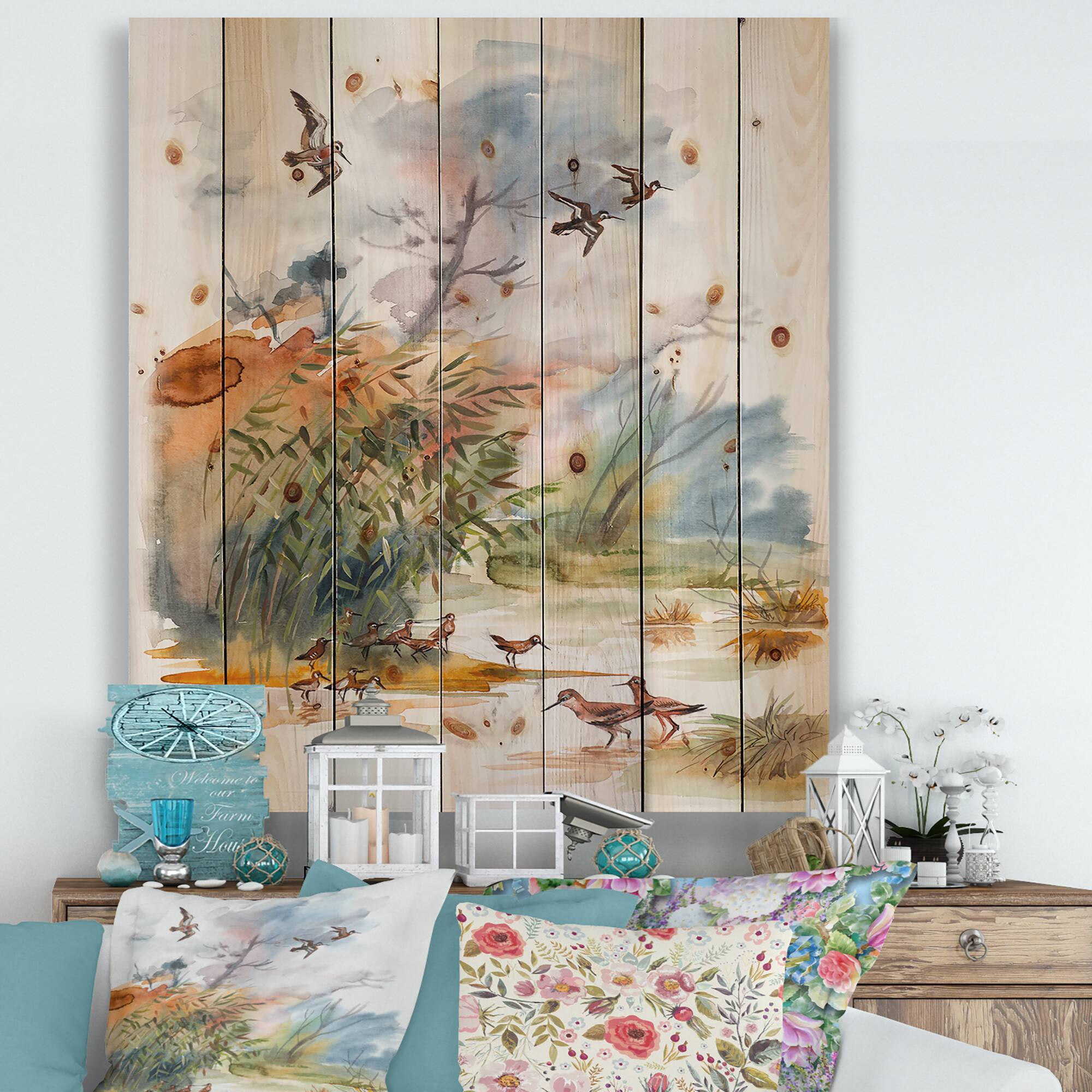 Designart - Autumn Landscape With Flying Over The Water - Traditional Print on Natural Pine Wood