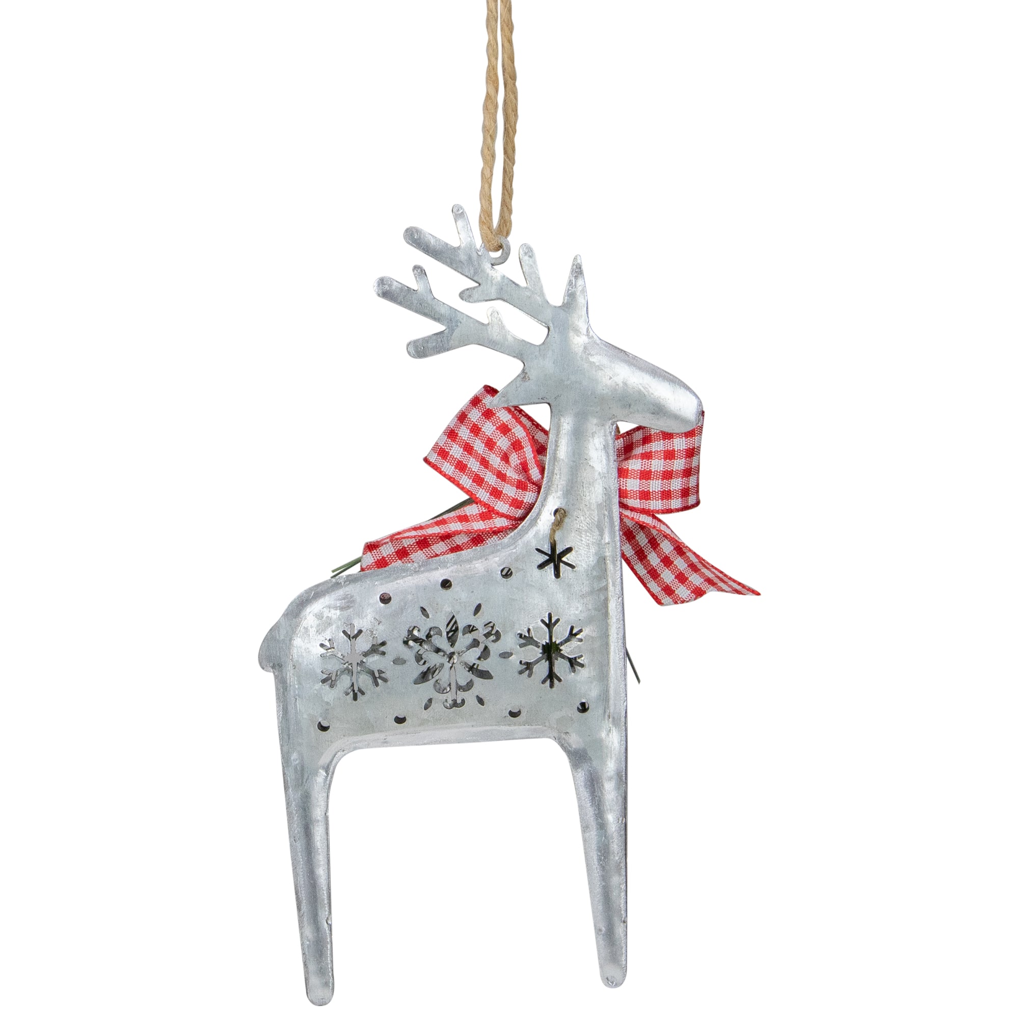 6.25" Silver Metal Reindeer Christmas Ornament With Red Gingham Bowtie & Pine