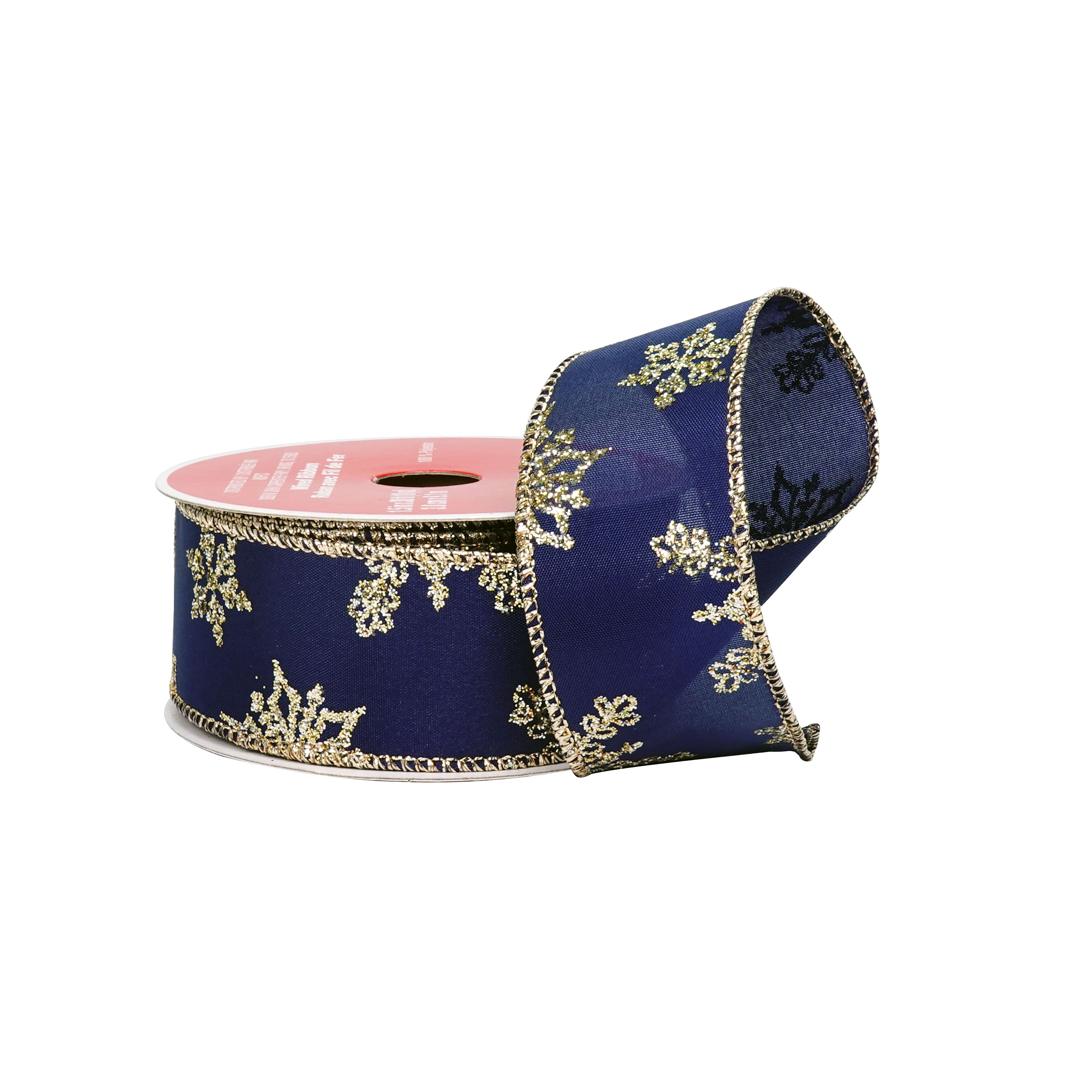 1.5" x 10yd. Navy & Gold Glitter Snowflake Wired Ribbon by Celebrate It®