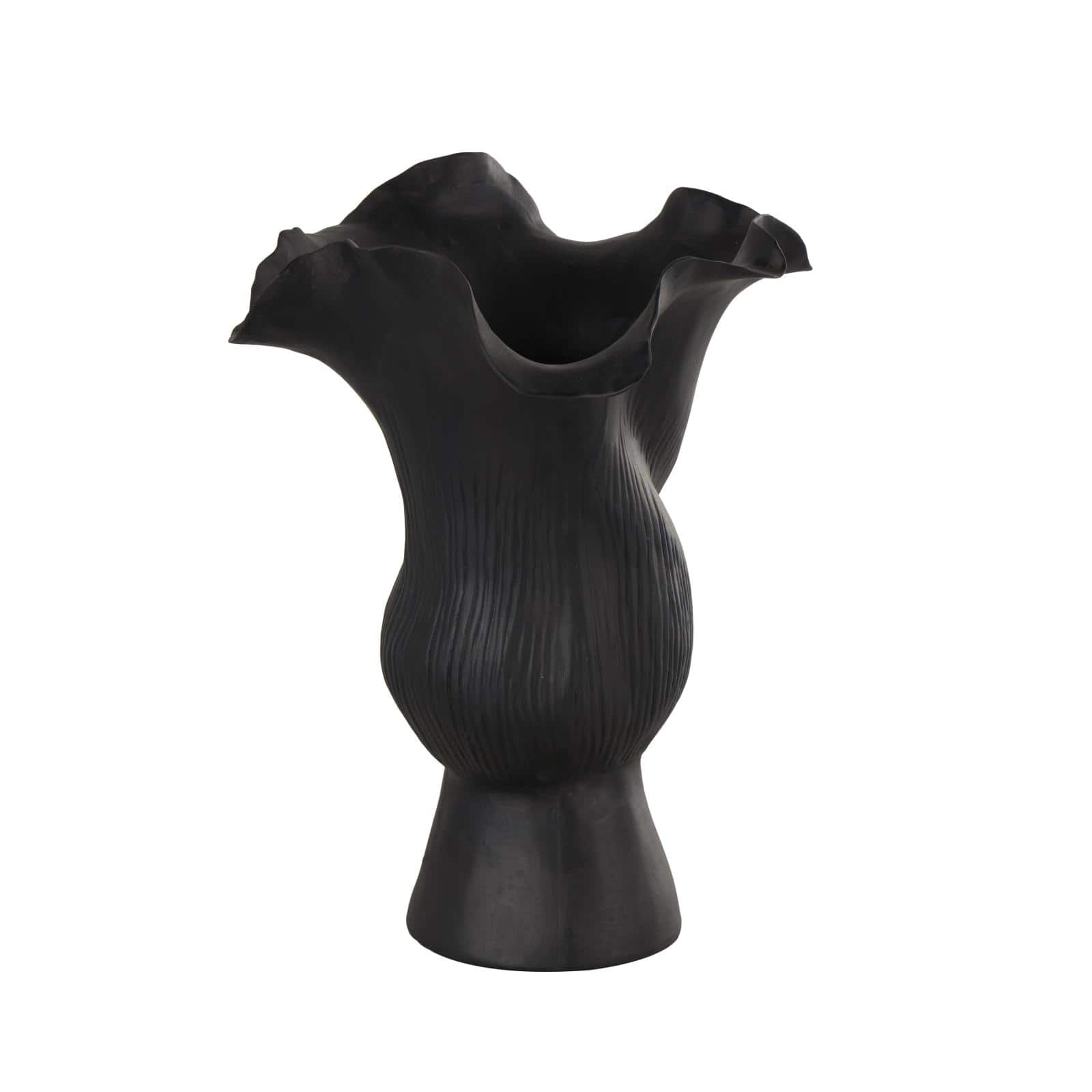 10.5" Black Ceramic Abstract Floral Vase with Linear Grooves