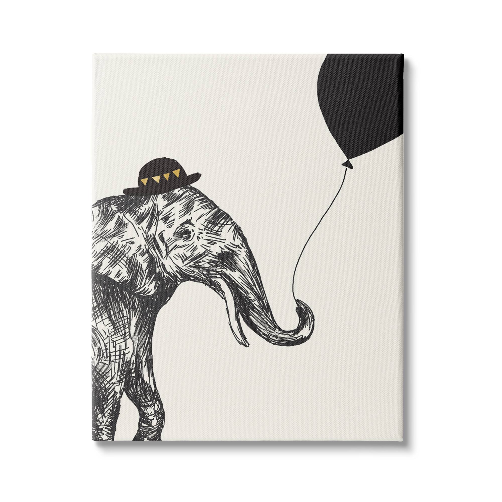 Stupell Industries Elephant with Derby Hat Holding Black Balloon Canvas Wall Art