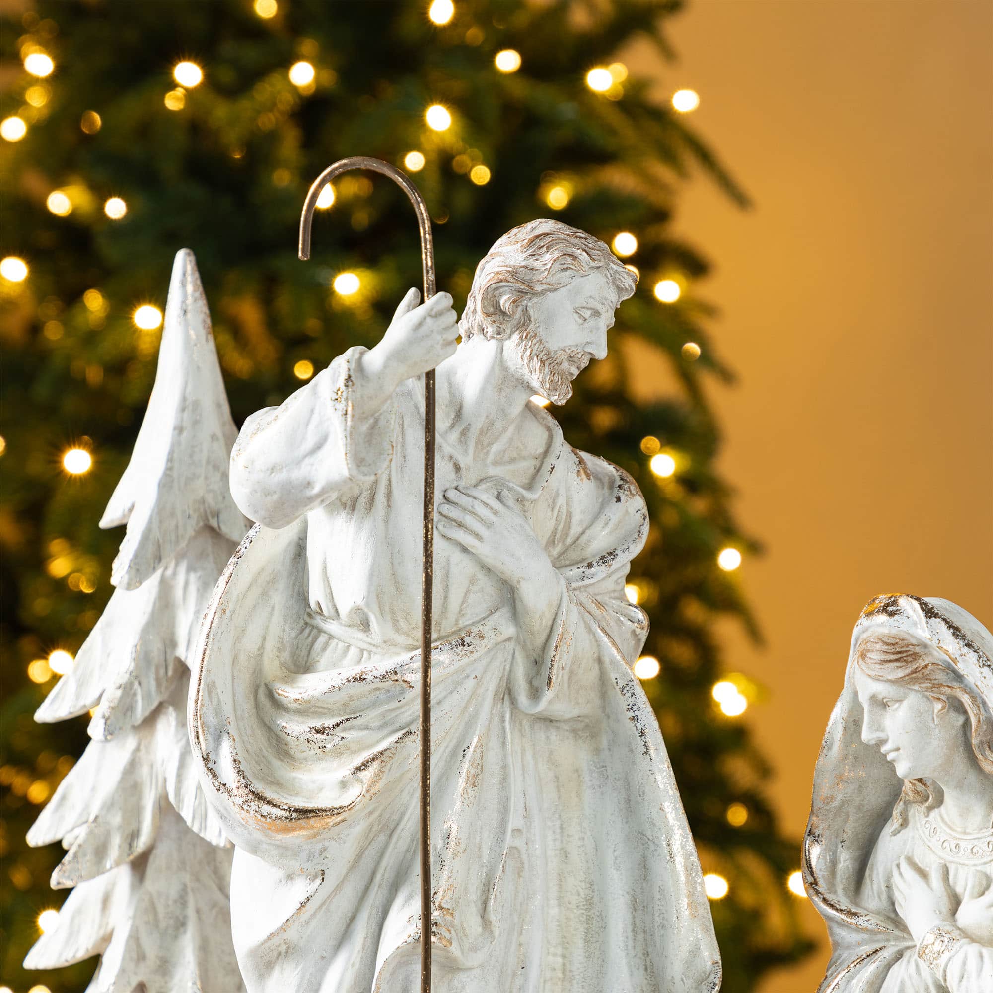 Glitzhome® 5-Piece White & Gold Resin Holy Family with Christmas Trees Set