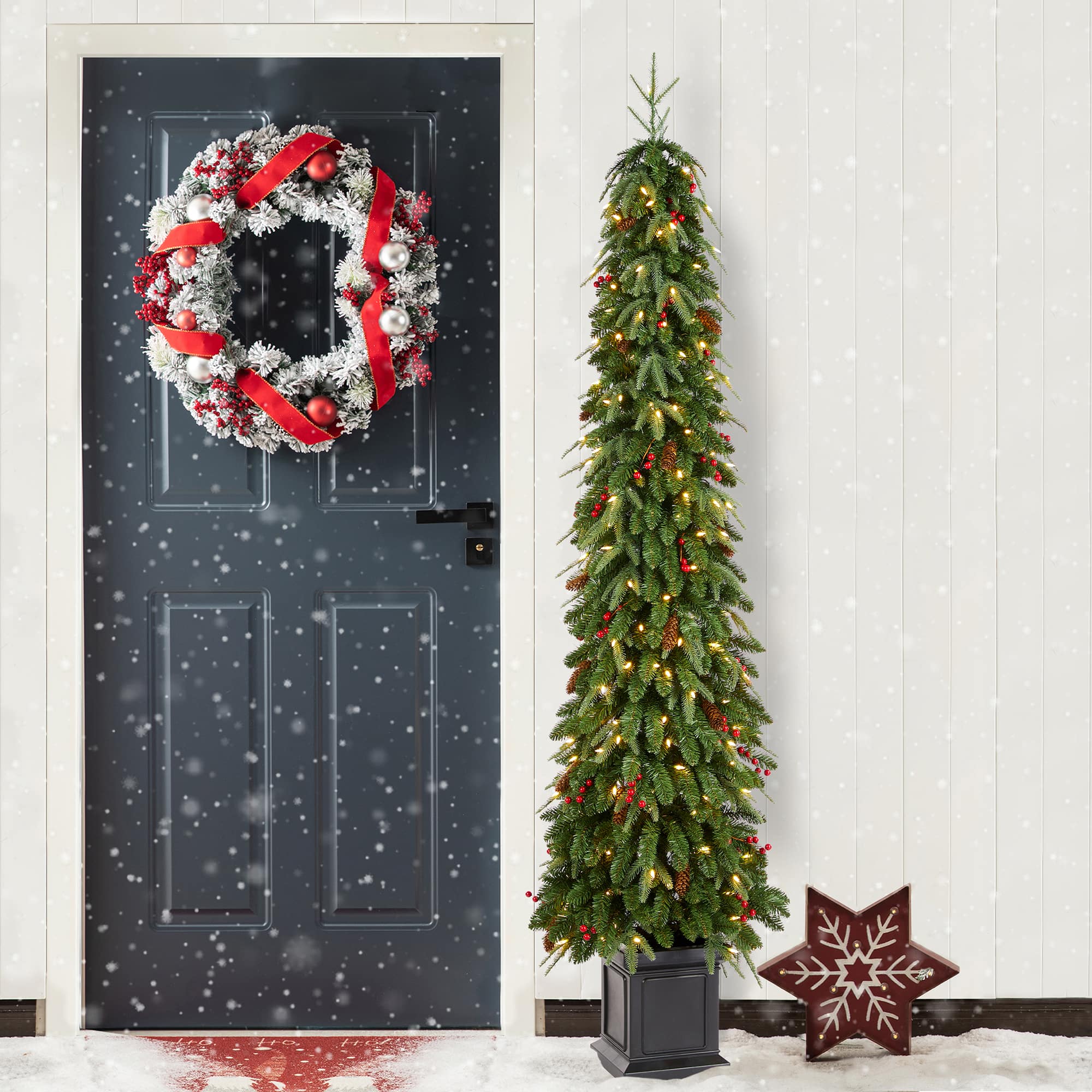 Glitzhome® 7ft Pre-lit Green Artificial Christmas Porch Tree, Warm White Lights
