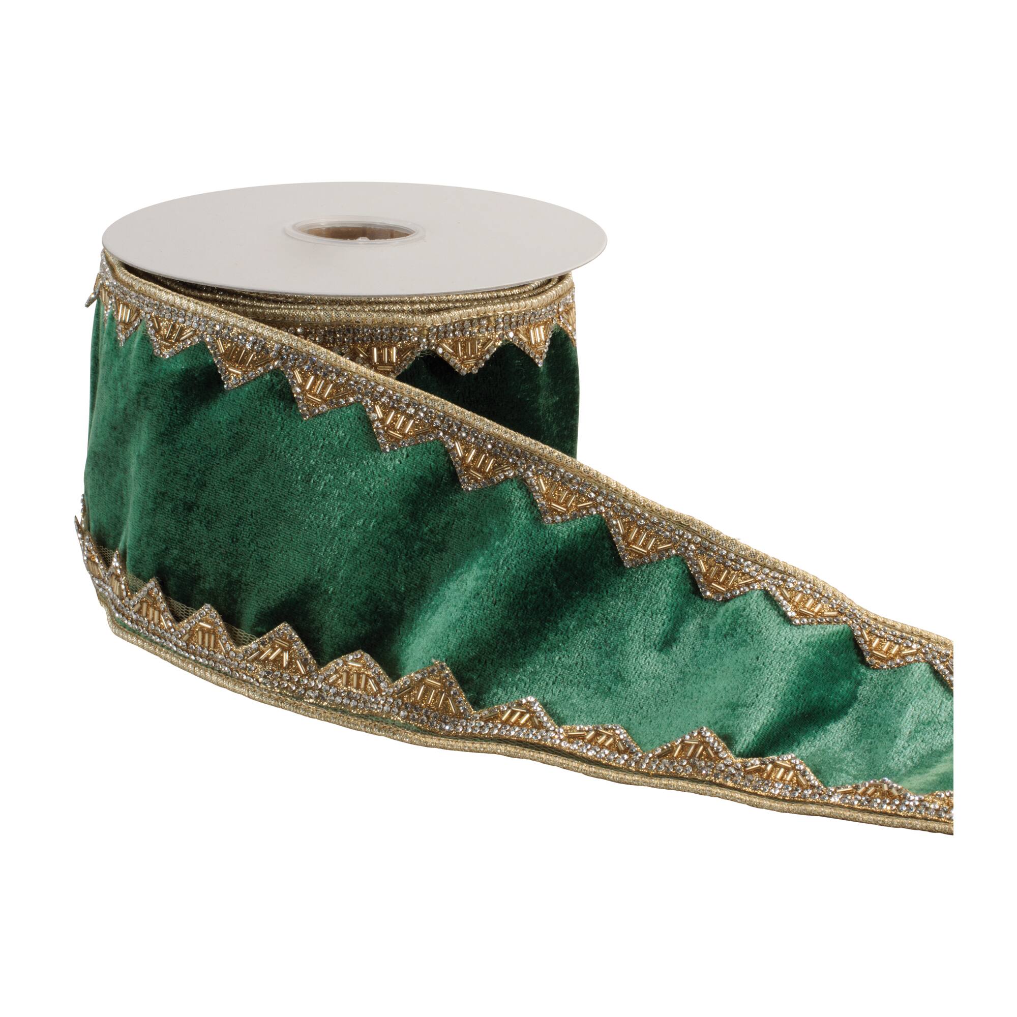 Melrose 4" x 5yd. Green Velvet Ribbon with Embellished Trim