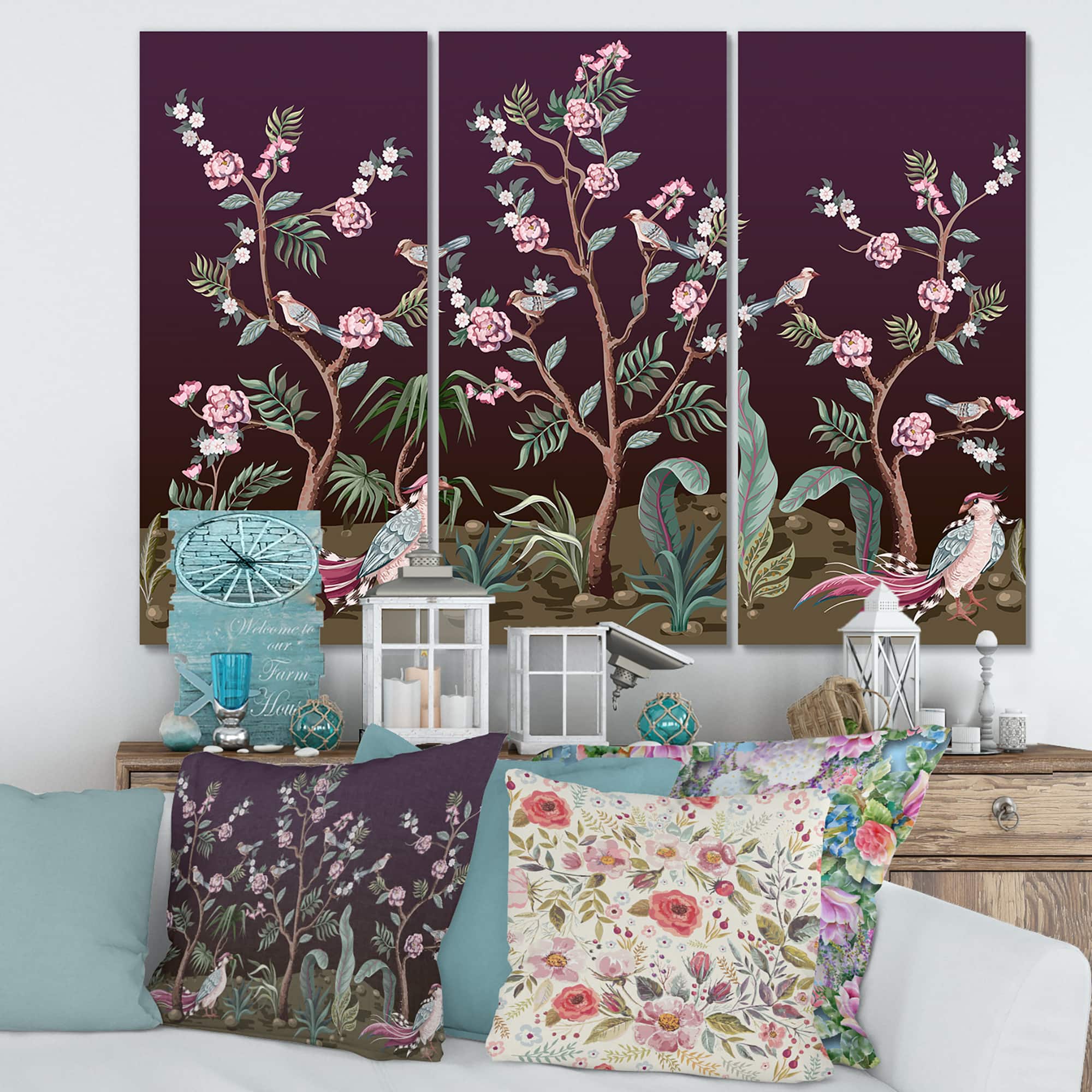 Designart - Chinoiserie With Birds and Peonies I - Traditional Canvas Wall Art Print