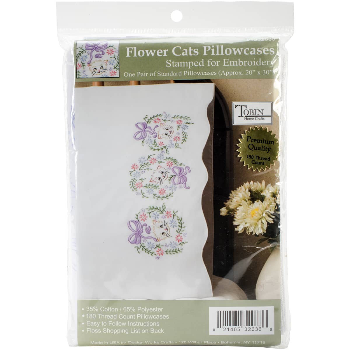 Tobin Flower Cats Stamped For Embroidery Pillowcase Pair