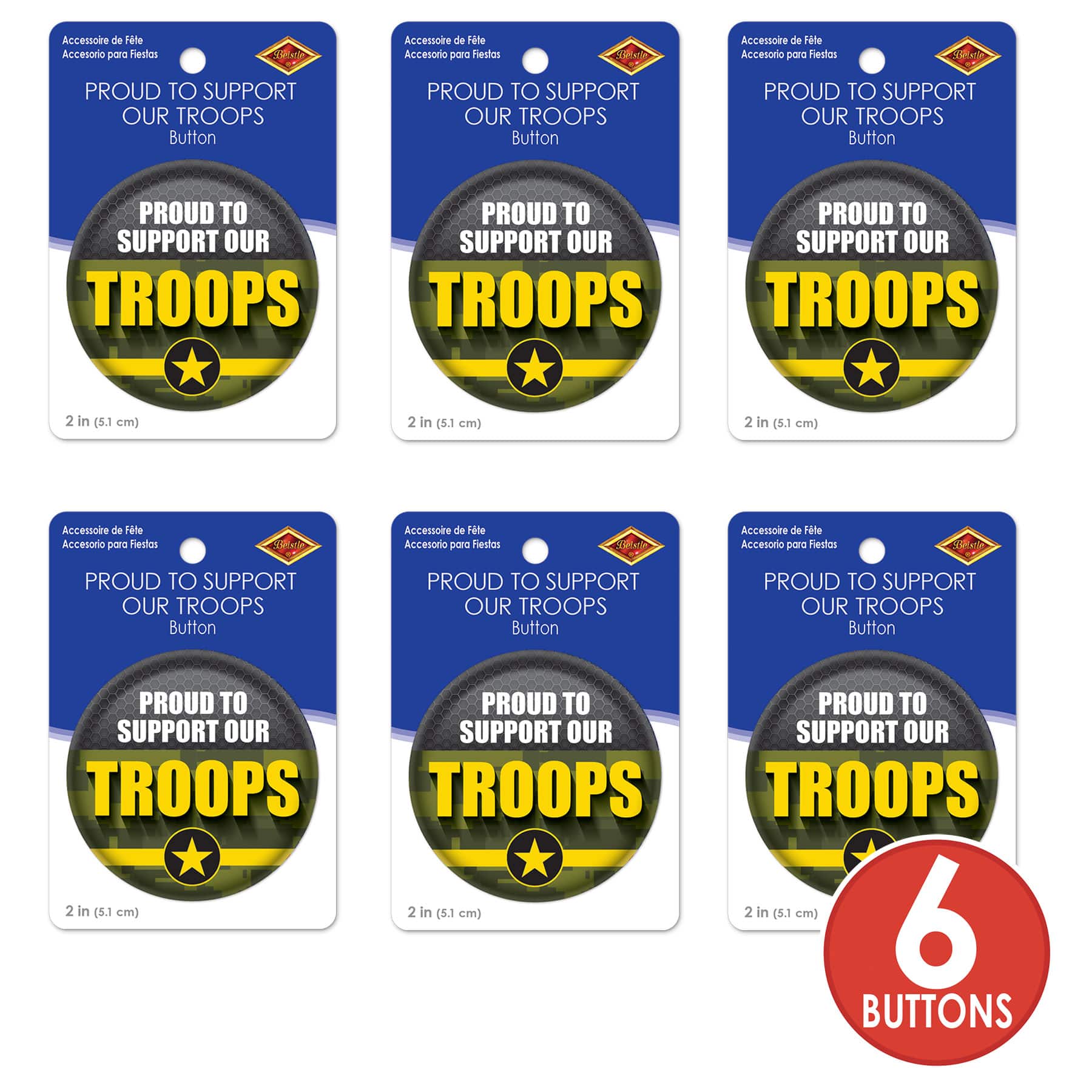 Beistle 2" Green Camouflage Proud To Support Our Troops Buttons, 6ct.