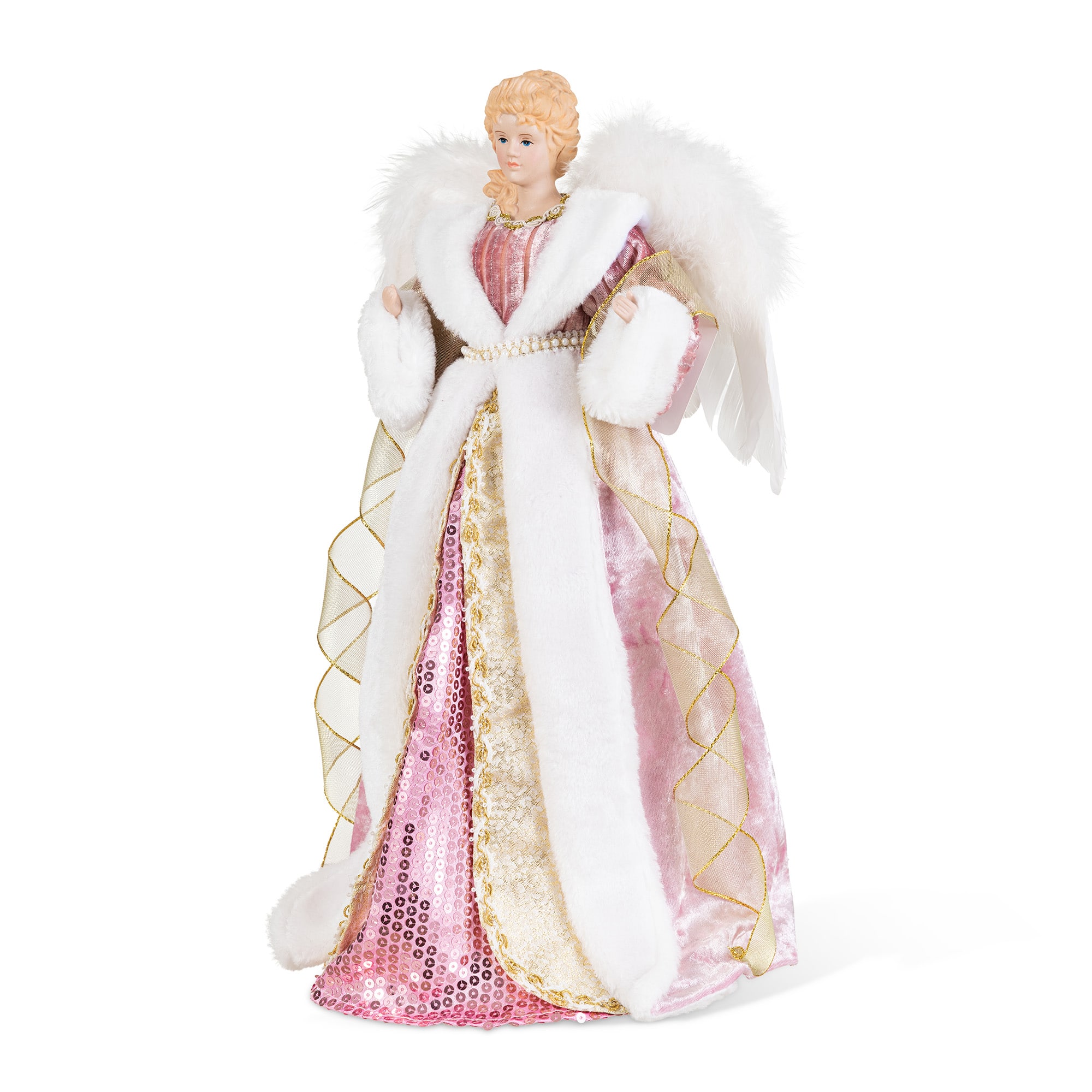 Glitzhome® 18" Faux Fur & PVC Deluxe Pink Christmas Angel Tree Topper with Porcelain Face