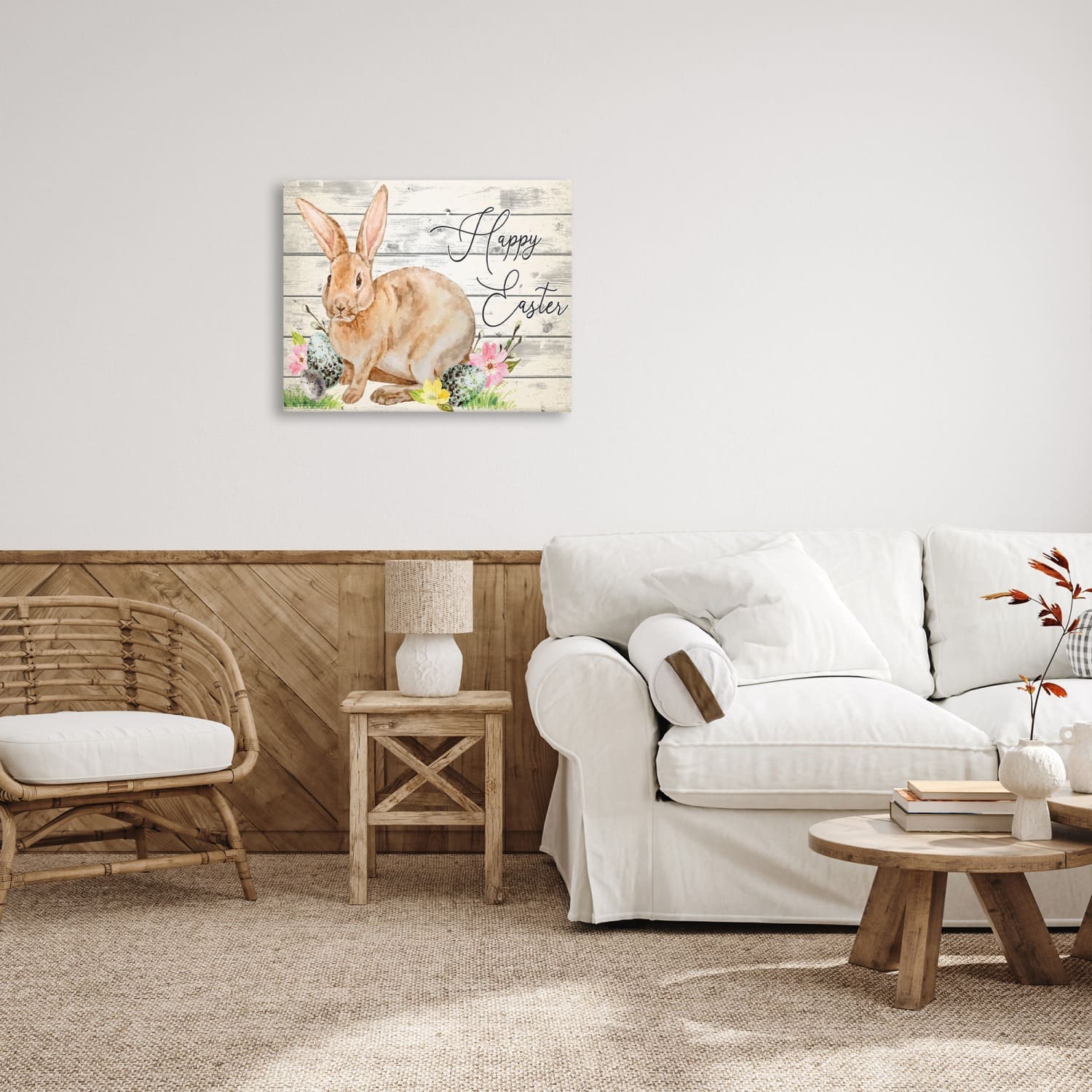 Stupell Industries Spring Floral Happy Easter Bunny Canvas Wall Art