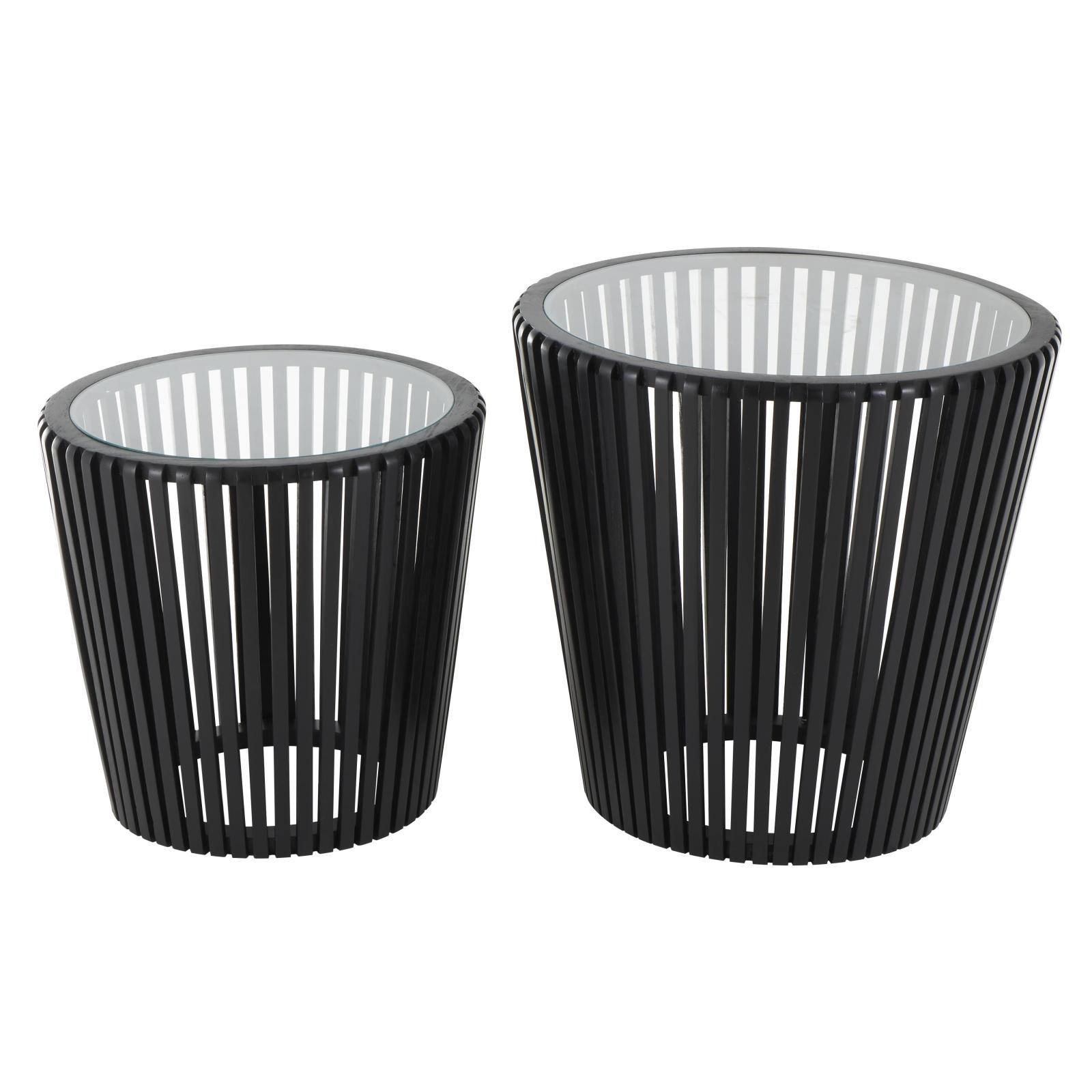 Black Wood Cage Inspired Accent Table with Clear Glass Tabletop Set