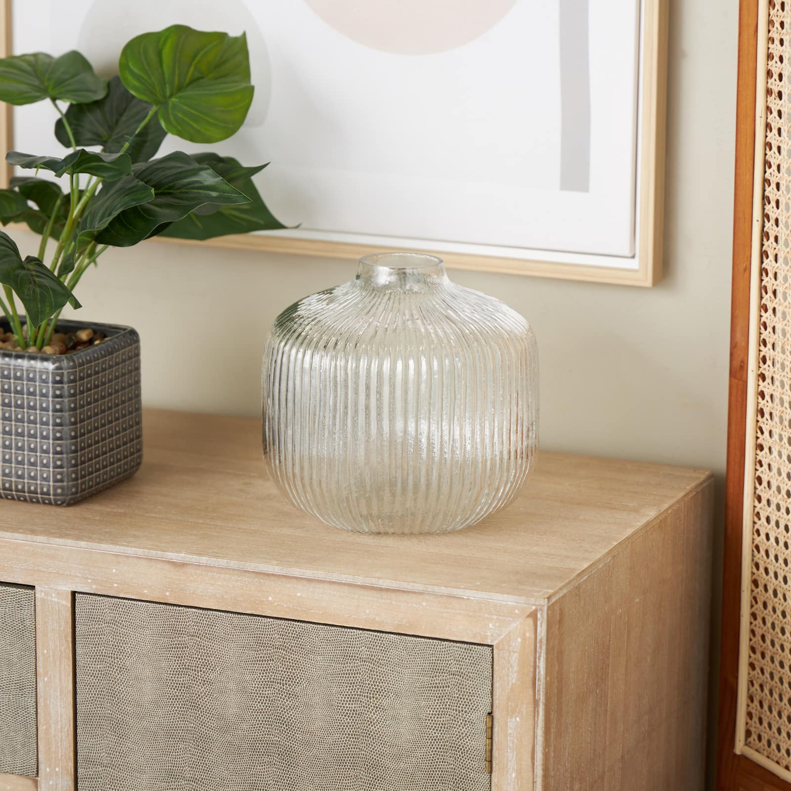 8.5" Clear Short Round Ribbed Glass Vase